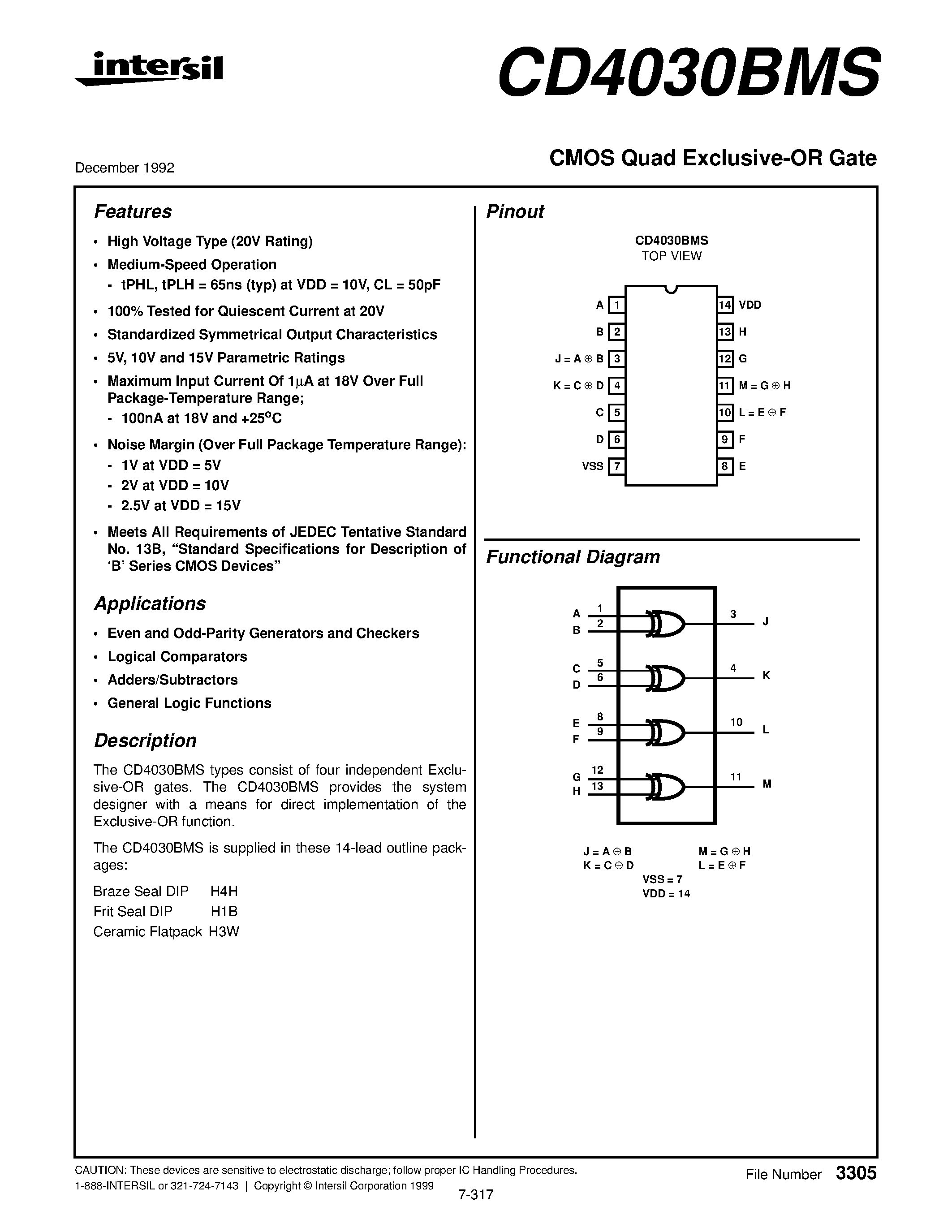 Datasheet CD4030 - CMOS Quad Exclusive-OR Gate page 1