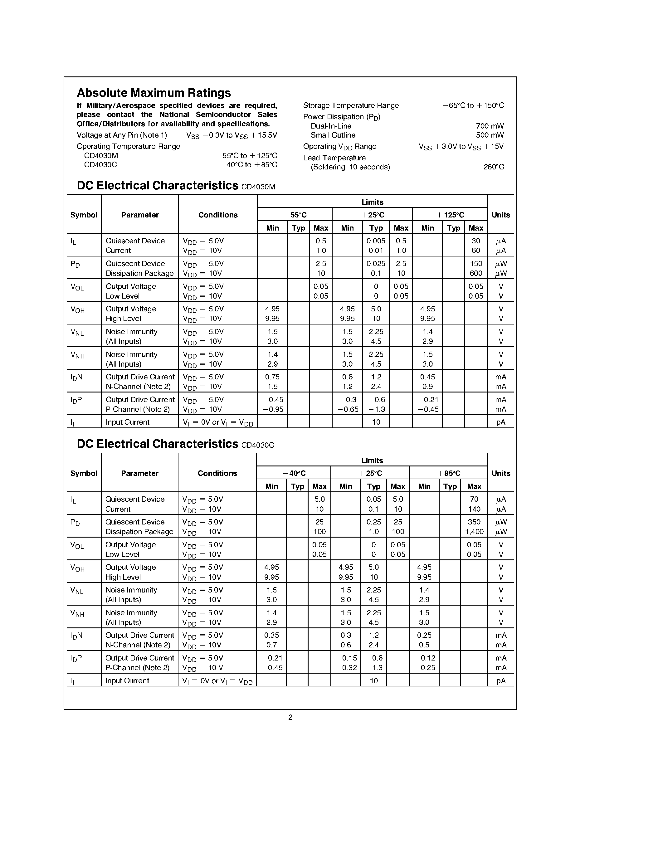 Datasheet CD4030 - Quad EXCLUSIVE-OR Gate page 2