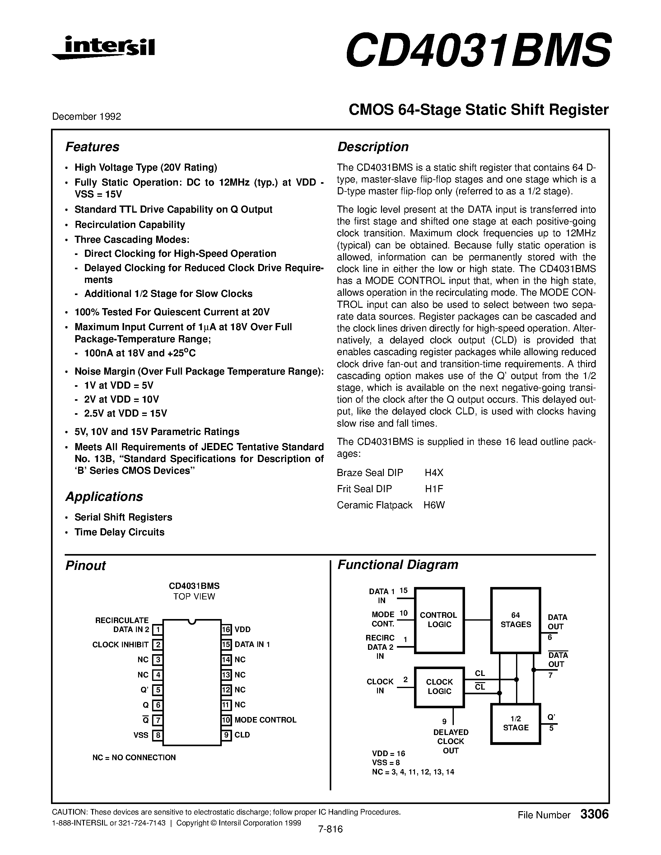 Datasheet CD4031BMS - CMOS 64-Stage Static Shift Register page 1