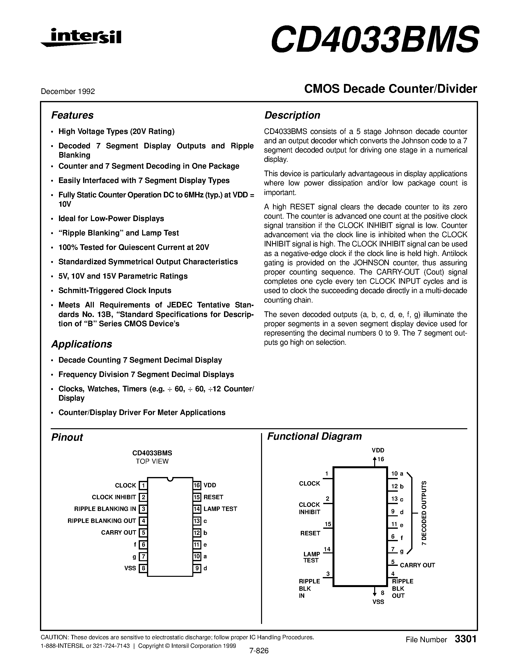 Datasheet CD4033 - CMOS Decade Counter/Divider page 1