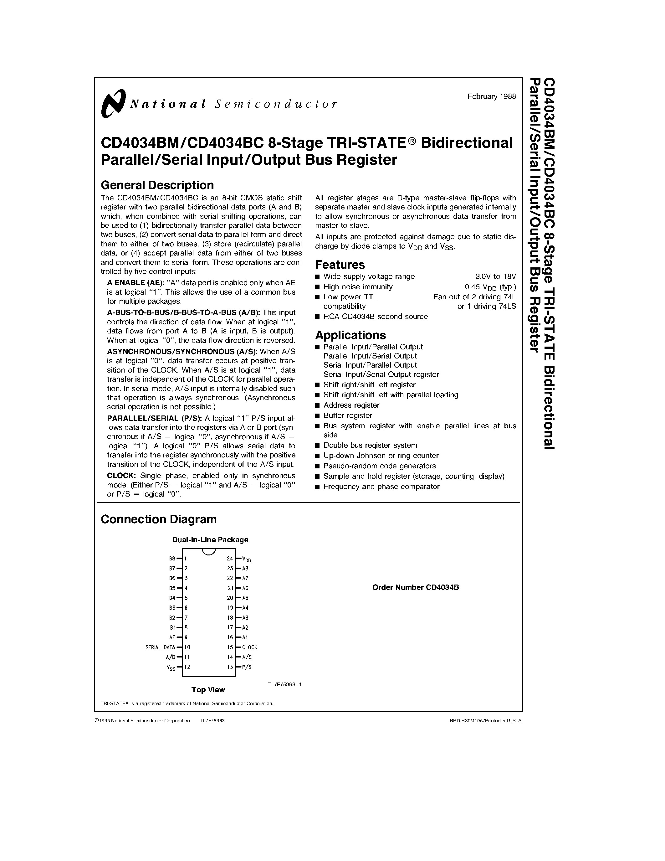 Datasheet CD4034BC - 8-Stage TRI-STATE Bidirectional Parallel/Serial Input/Output Bus Register page 1