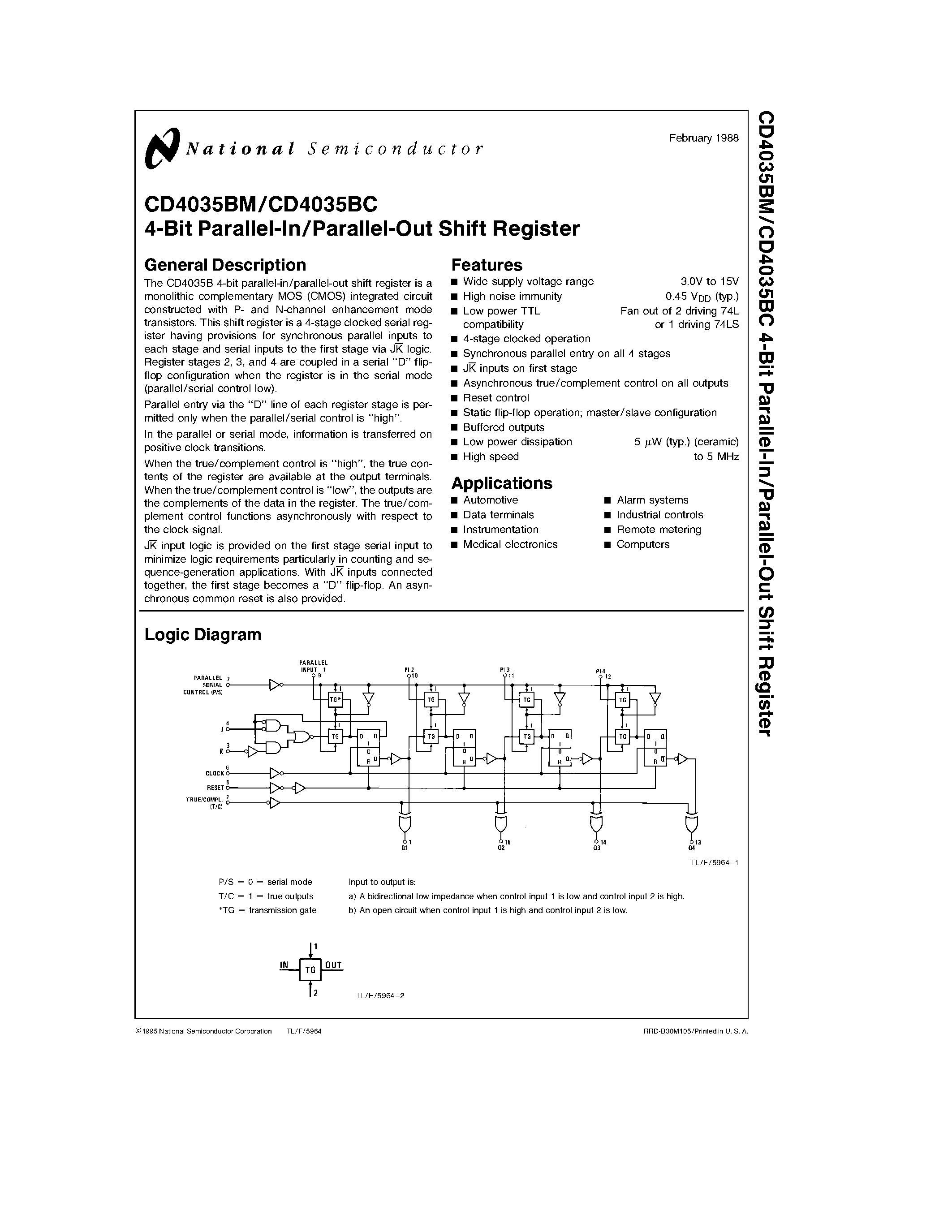 Datasheet CD4035 - 4-Bit Parallel-In/Parallel-Out Shift Register page 1