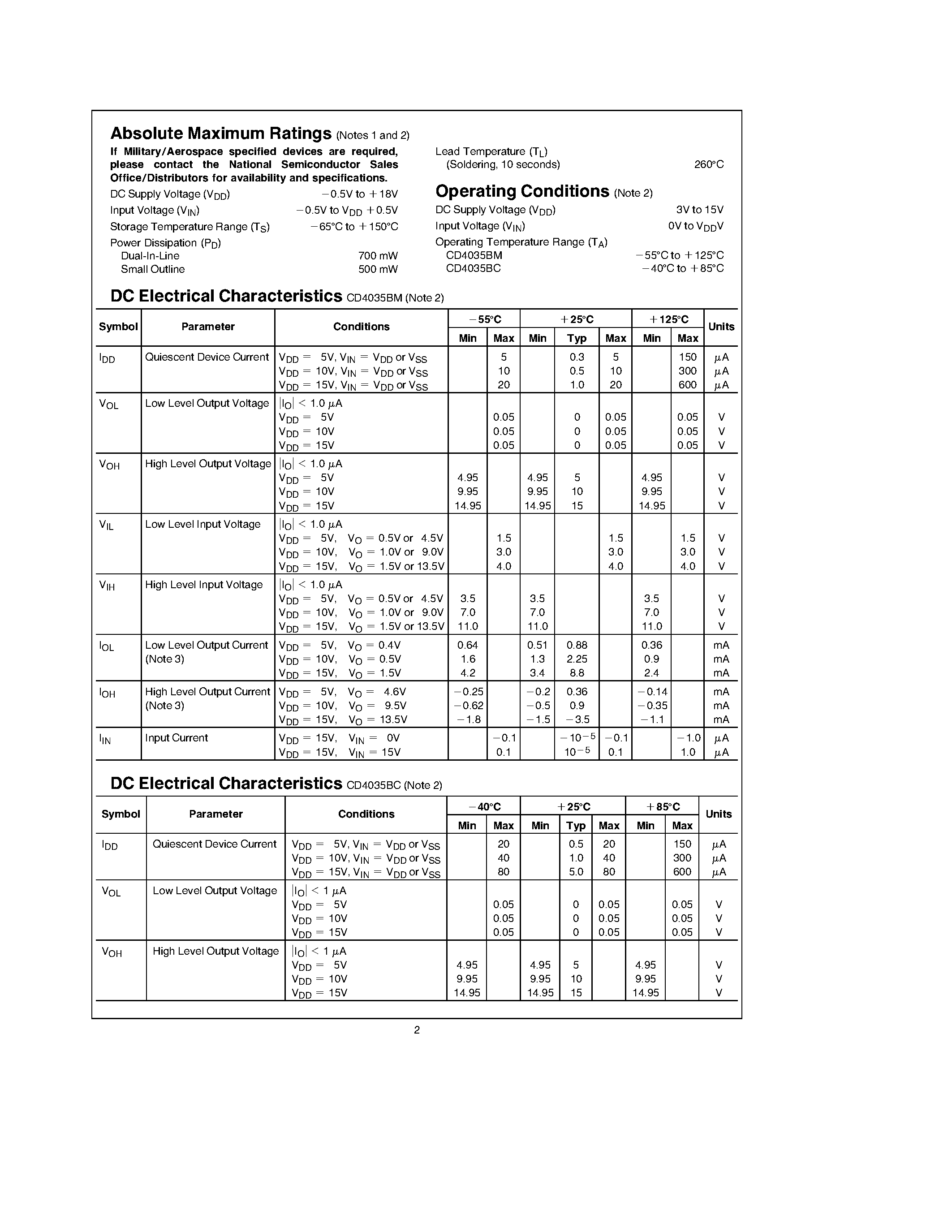 Datasheet CD4035 - 4-Bit Parallel-In/Parallel-Out Shift Register page 2