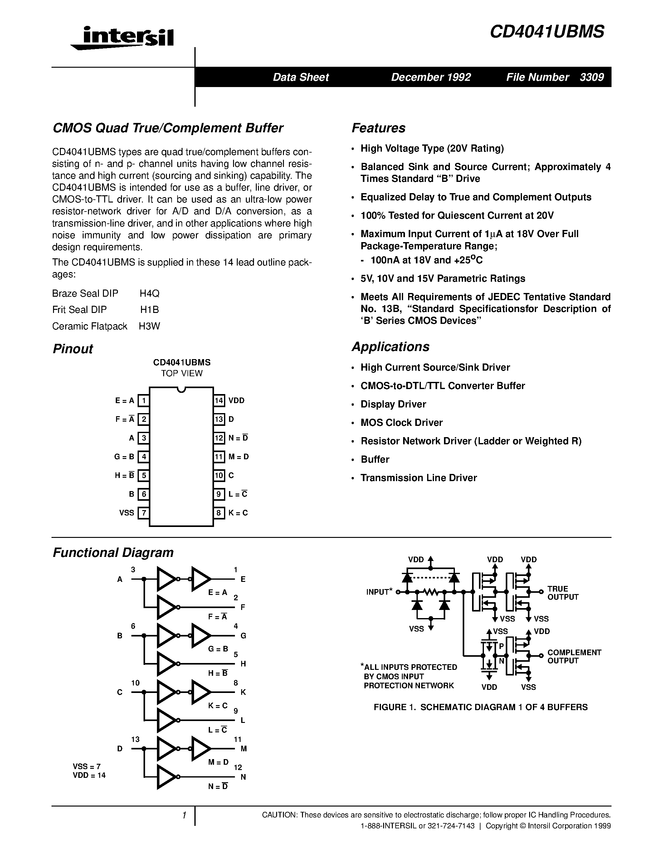 Datasheet CD4041BMS - CMOS Quad True/Complement Buffer page 1