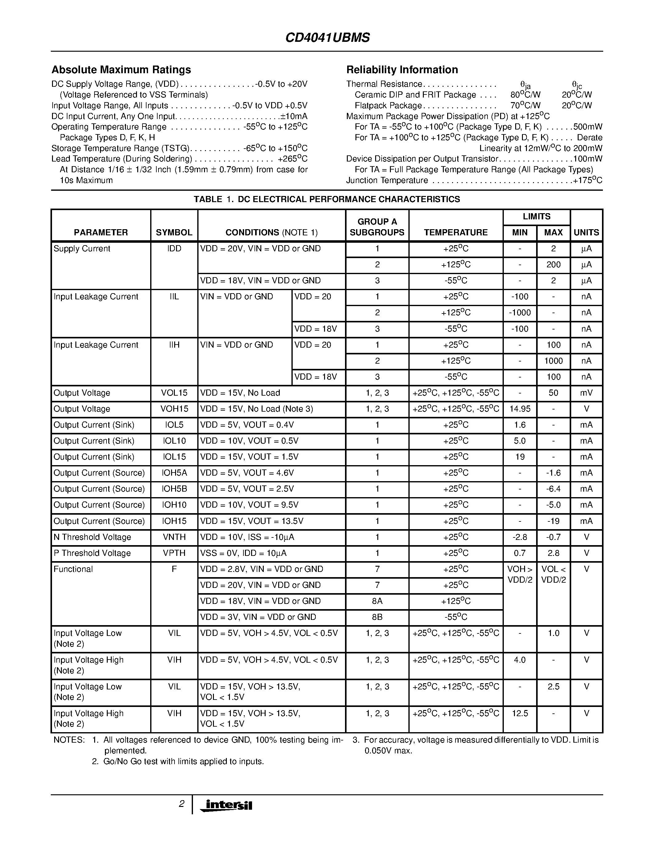 Datasheet CD4041BMS - CMOS Quad True/Complement Buffer page 2