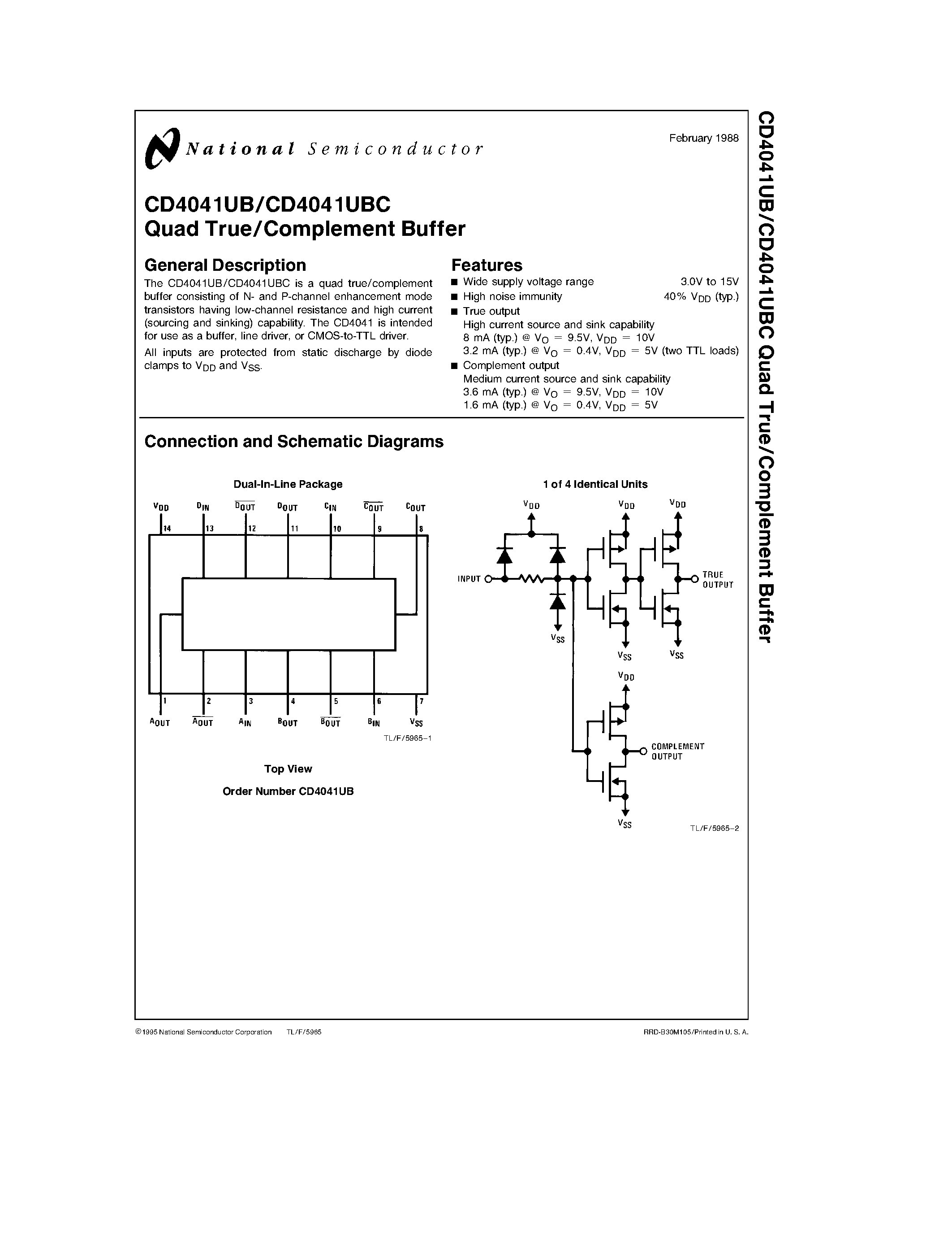 Datasheet CD4041UB - Quad True/Complement Buffer page 1