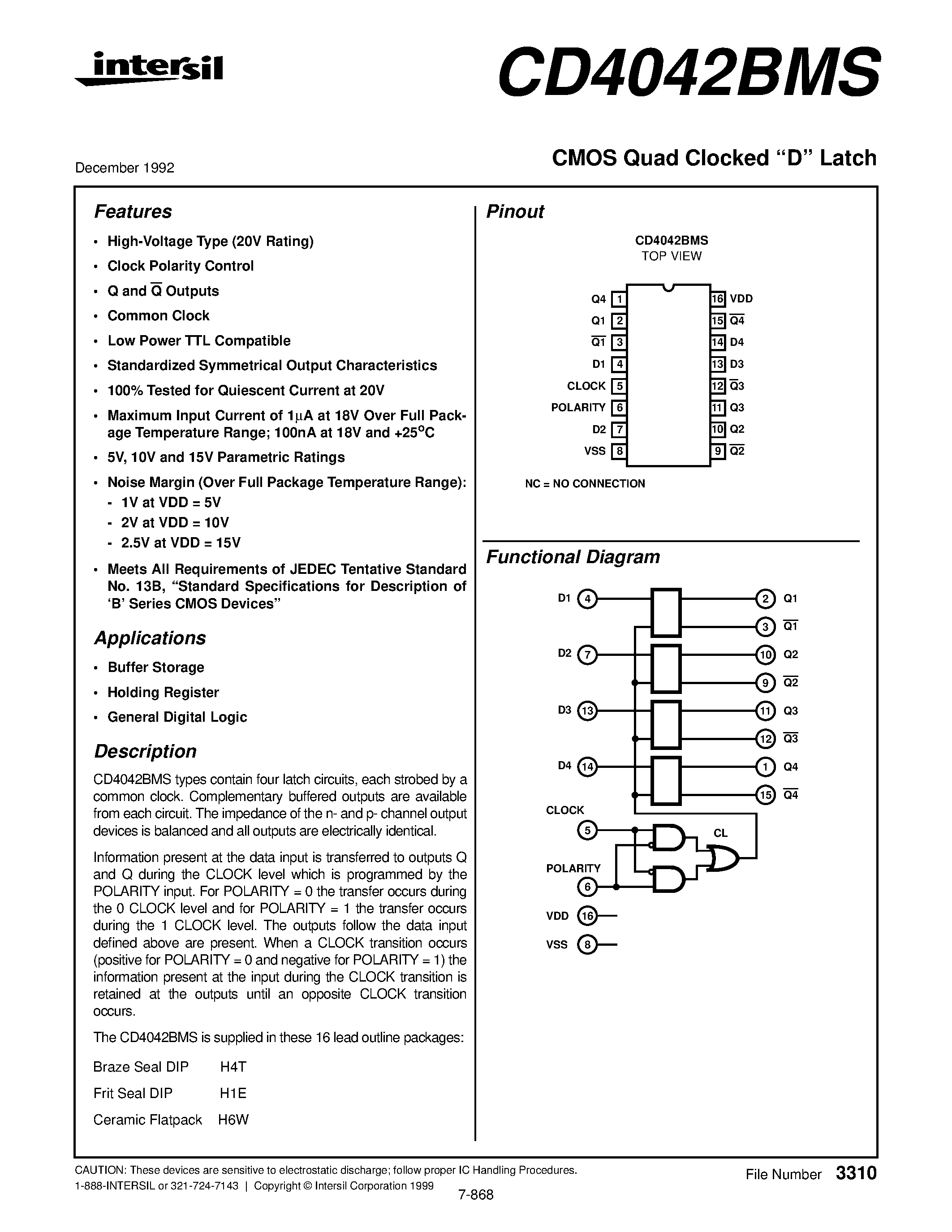 Datasheet CD4042BMS - CMOS Quad Clocked D Latch page 1