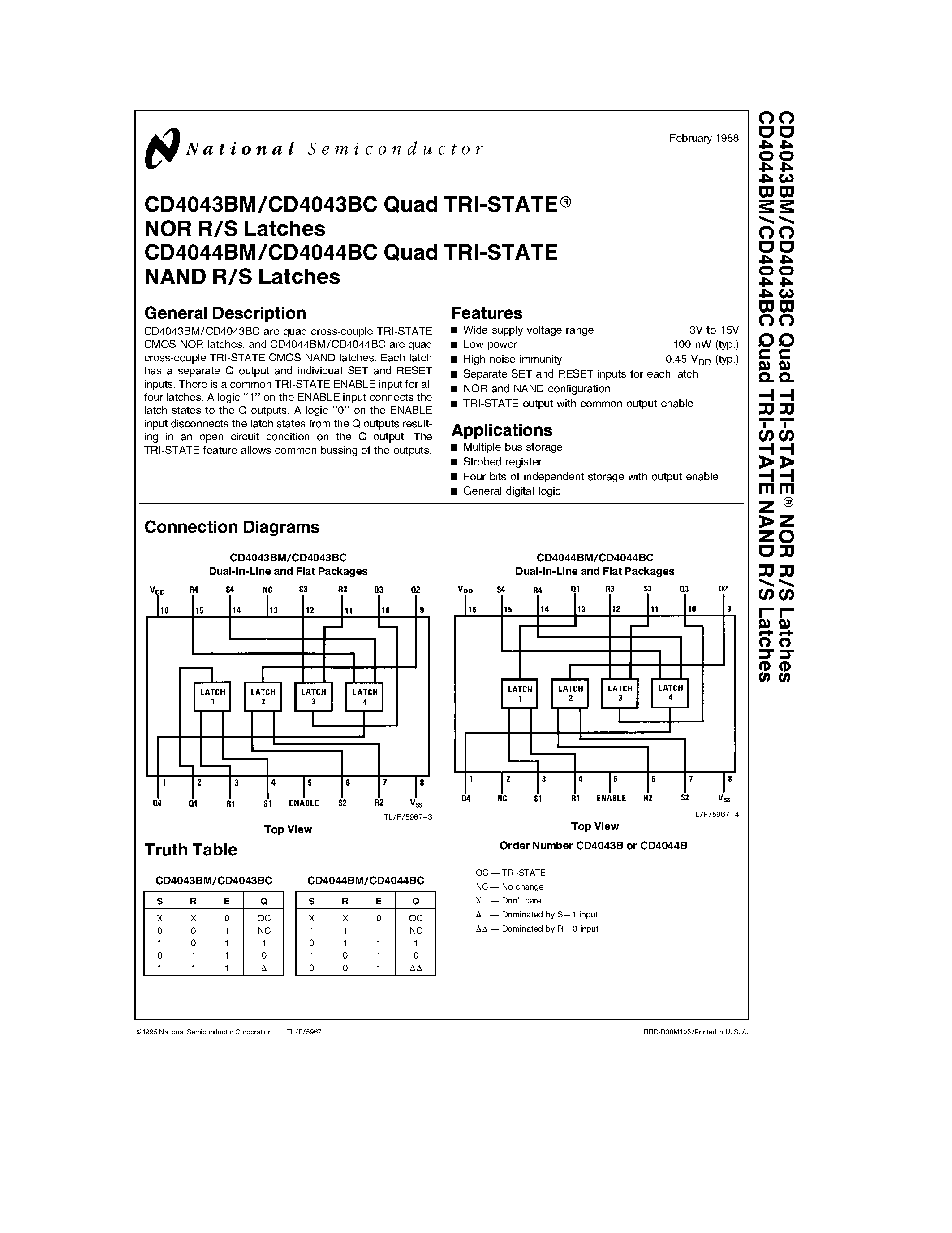 Datasheet CD4043BC - Quad TRI-STATE NOR(NAND) R/S Latches page 1