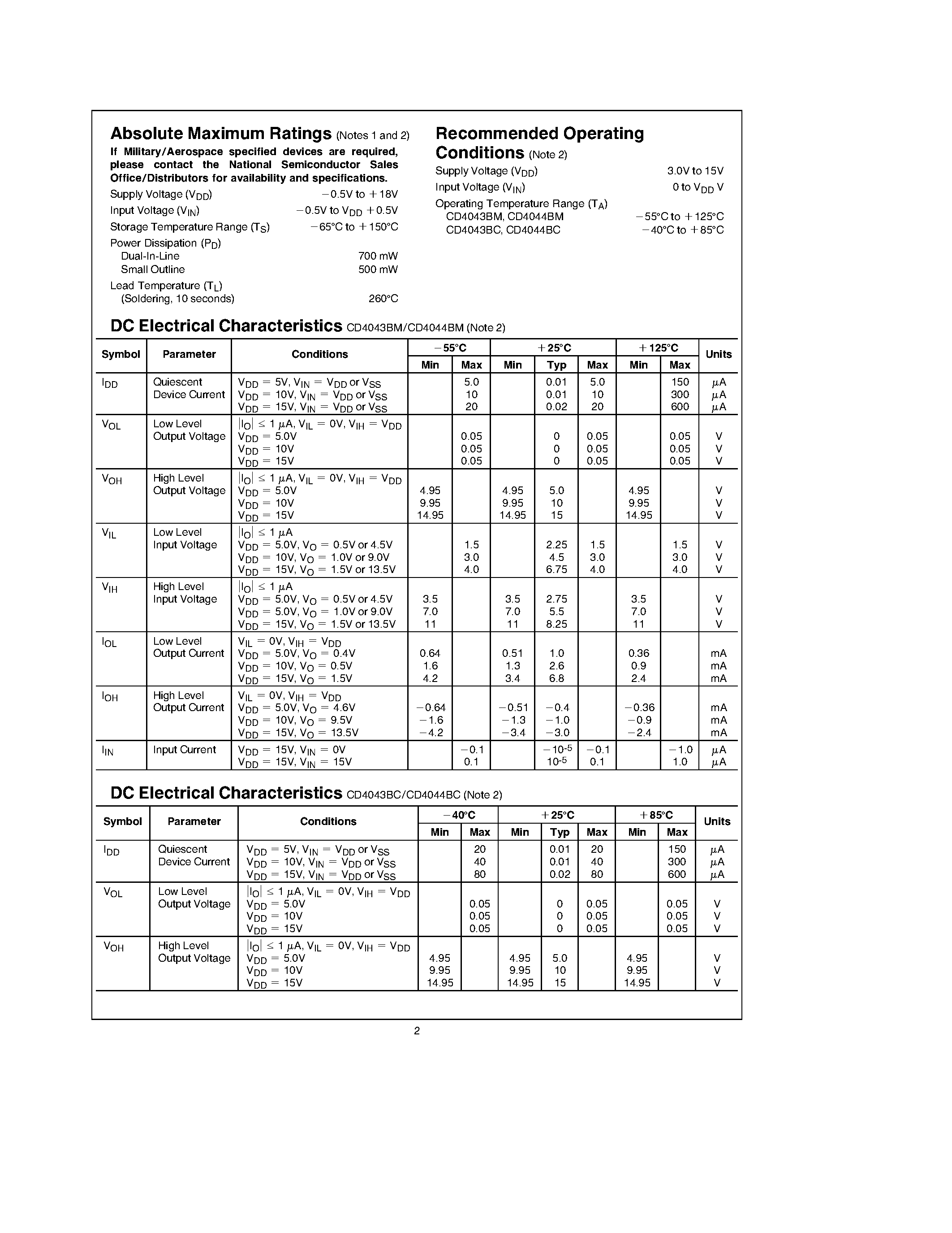 Datasheet CD4043BC - Quad TRI-STATE NOR(NAND) R/S Latches page 2