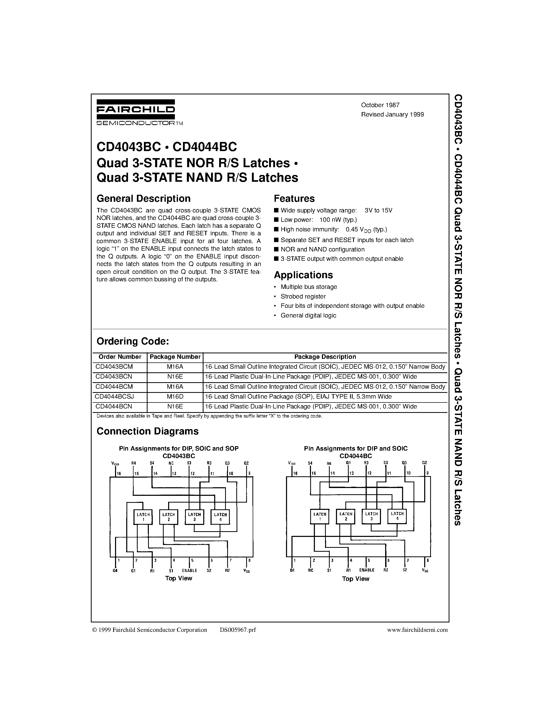 Даташит CD4043BCM - Quad 3-STATE NOR R/S Latches . Quad 3-STATE NAND R/S Latches страница 1