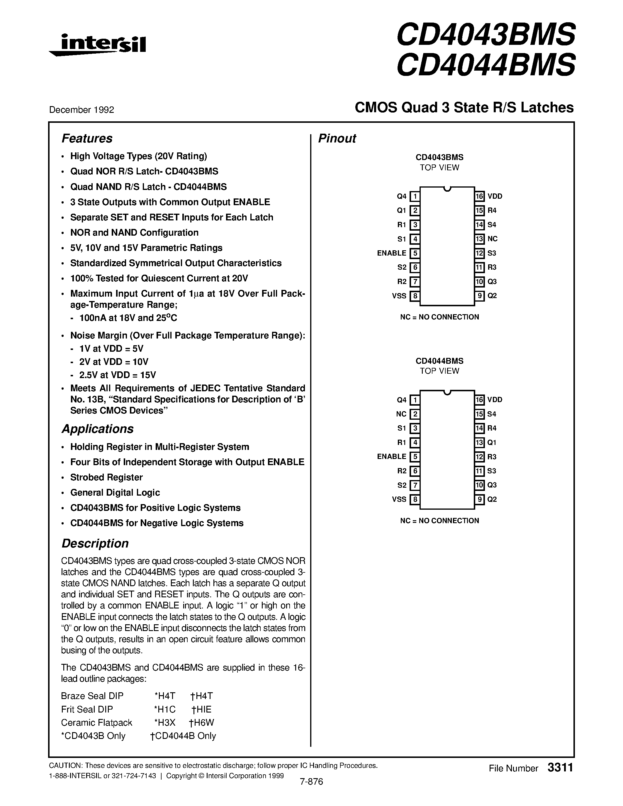 Datasheet CD4043BMS - CMOS Quad Clocked D Latch page 1