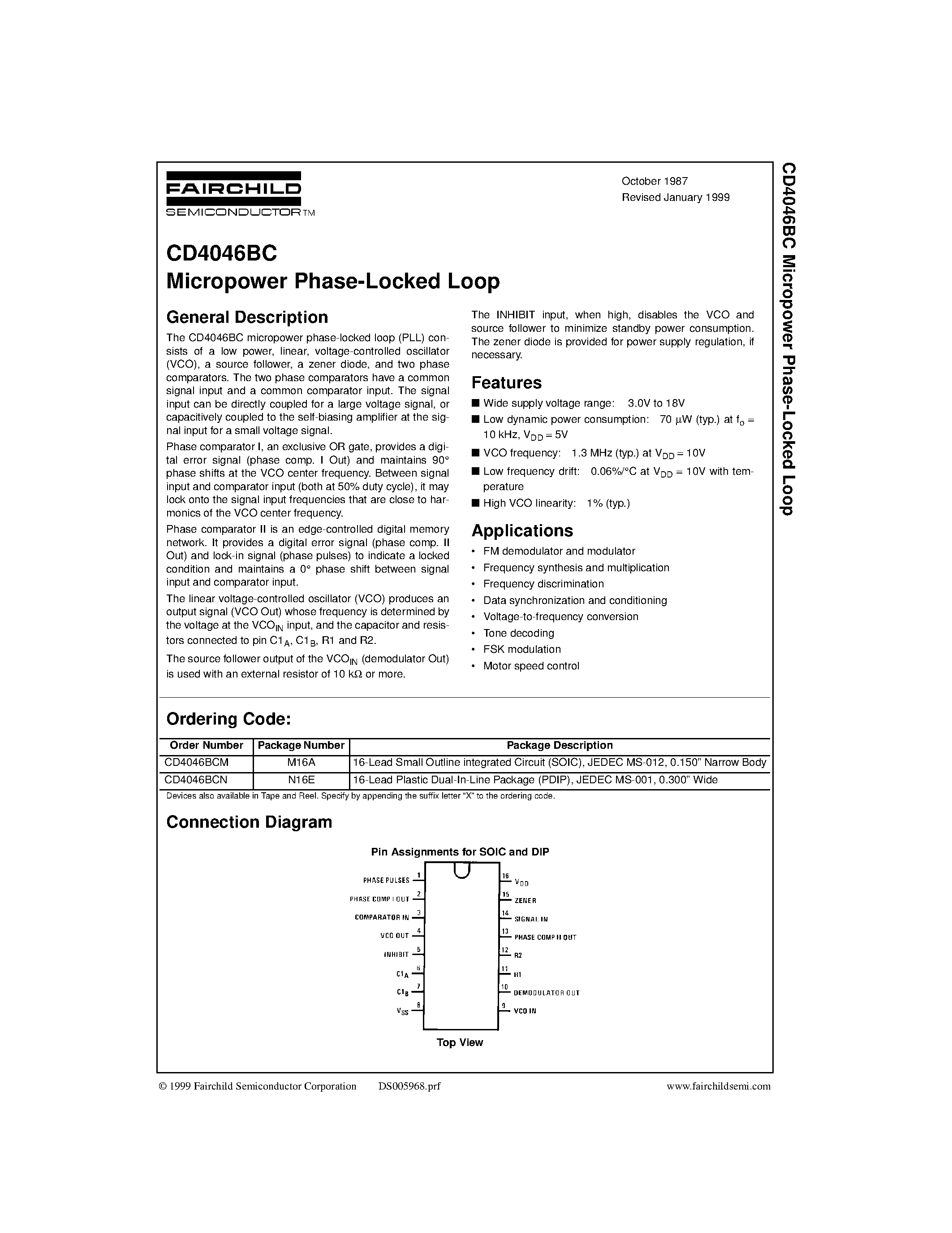 Datasheet CD4046BC - Micropower Phase-Locked Loop page 1