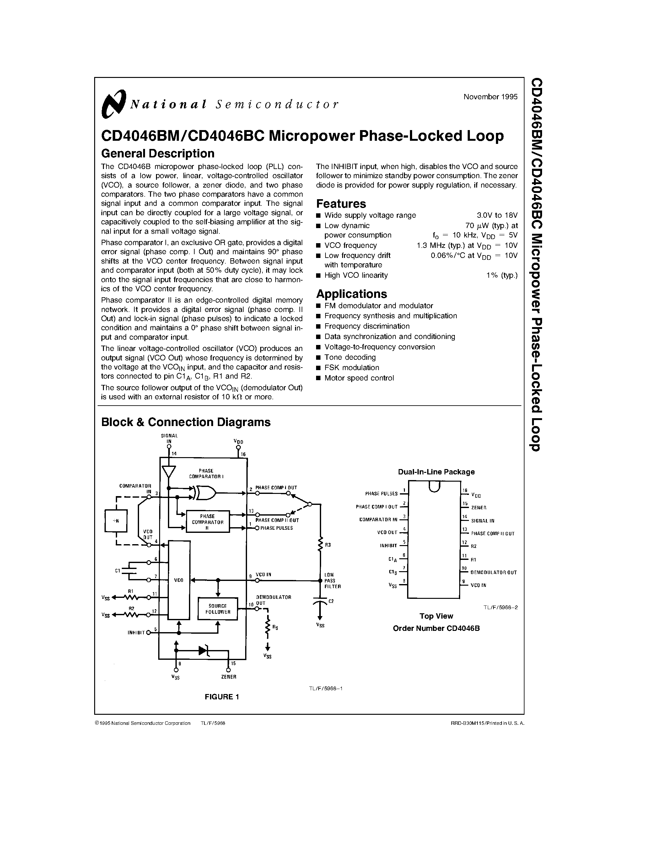 Datasheet CD4046BC - Micropower Phase-Locked Loop page 1