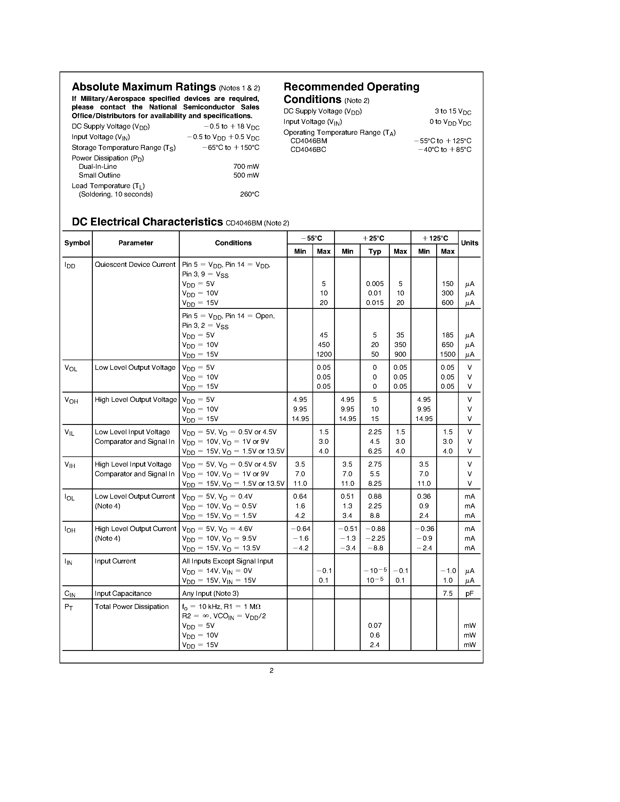 Datasheet CD4046BC - Micropower Phase-Locked Loop page 2