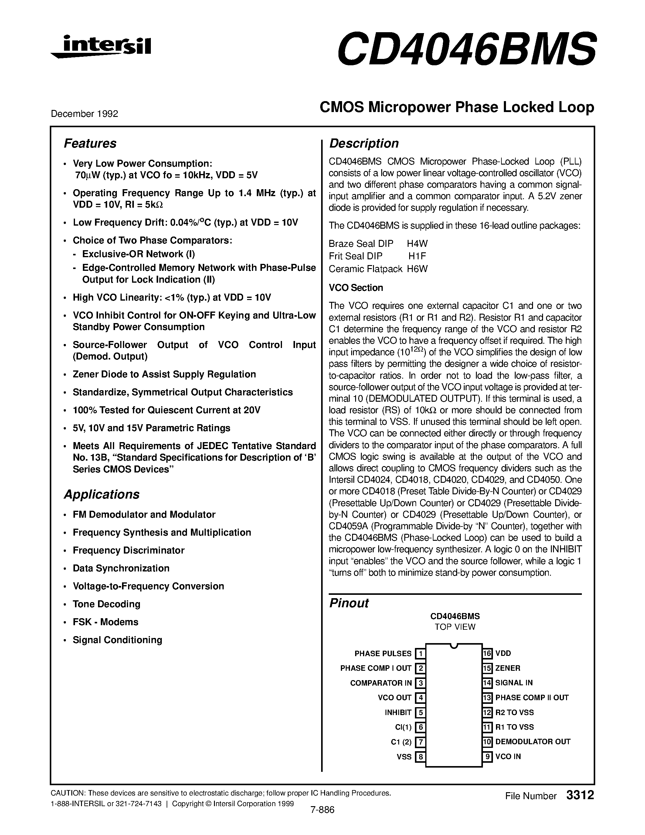 Datasheet CD4046BMS - CMOS Micropower Phase Locked Loop page 1