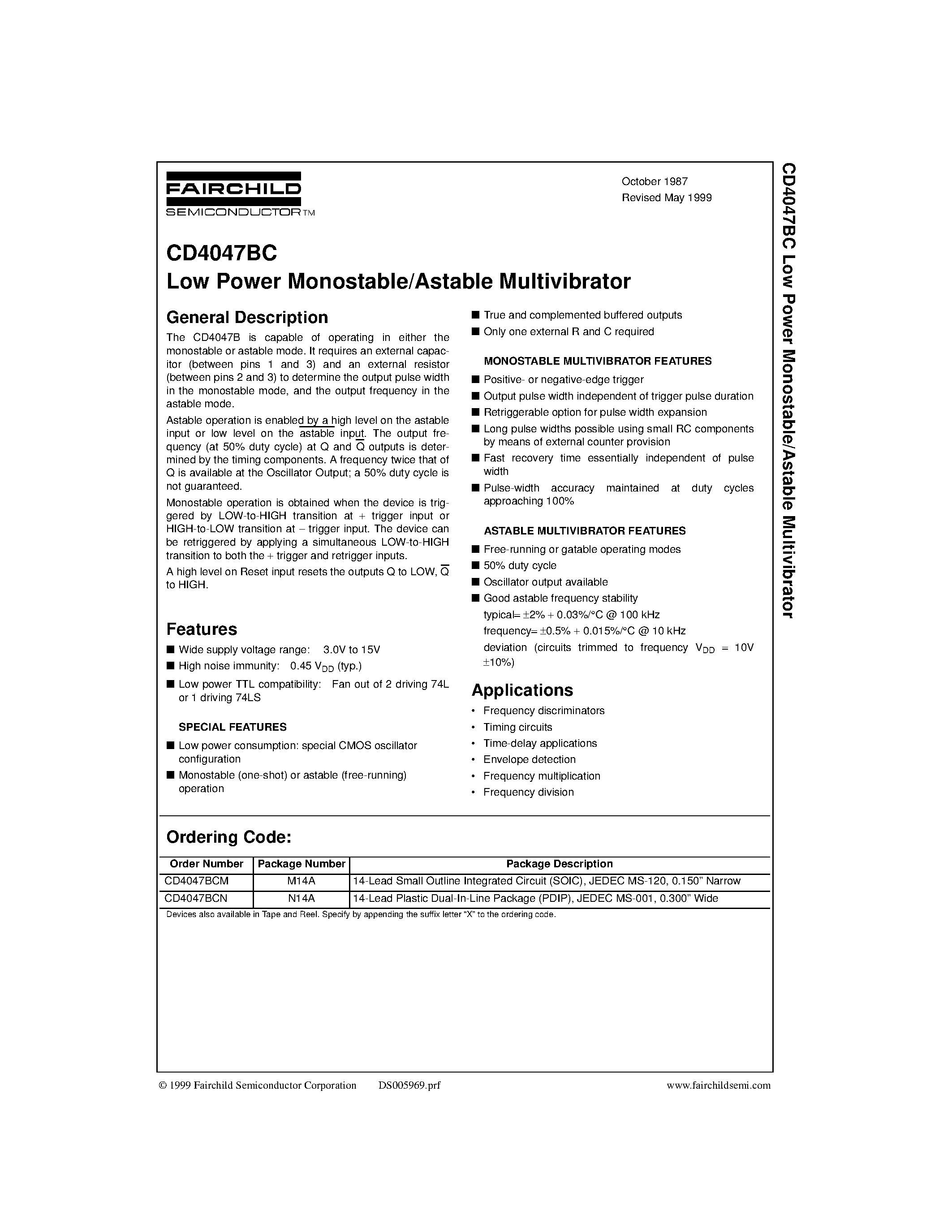 Datasheet CD4047 - Low Power Monostable/Astable Multivibrator page 1