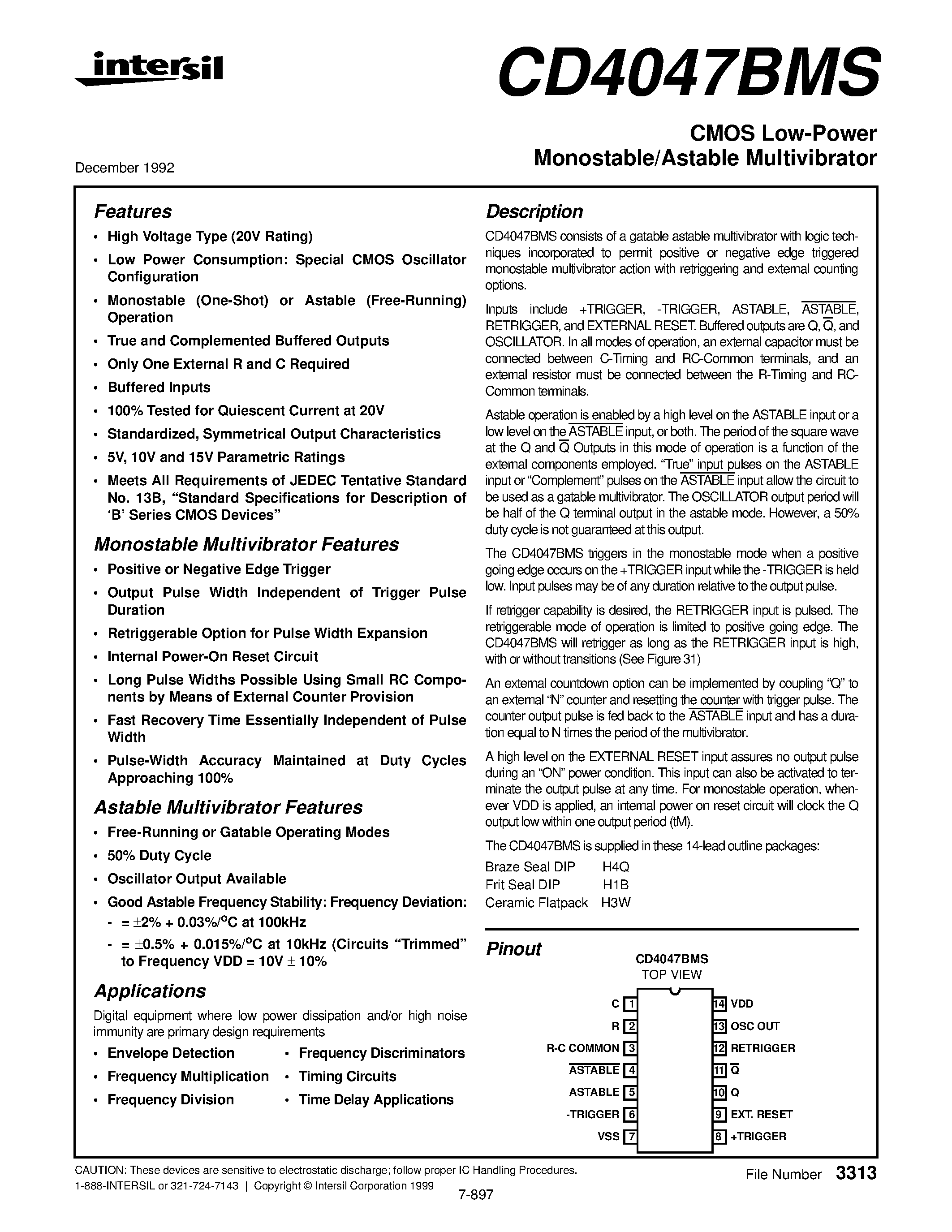 Datasheet CD4047 - CMOS Low-Power Monostable/Astable Multivibrator page 1