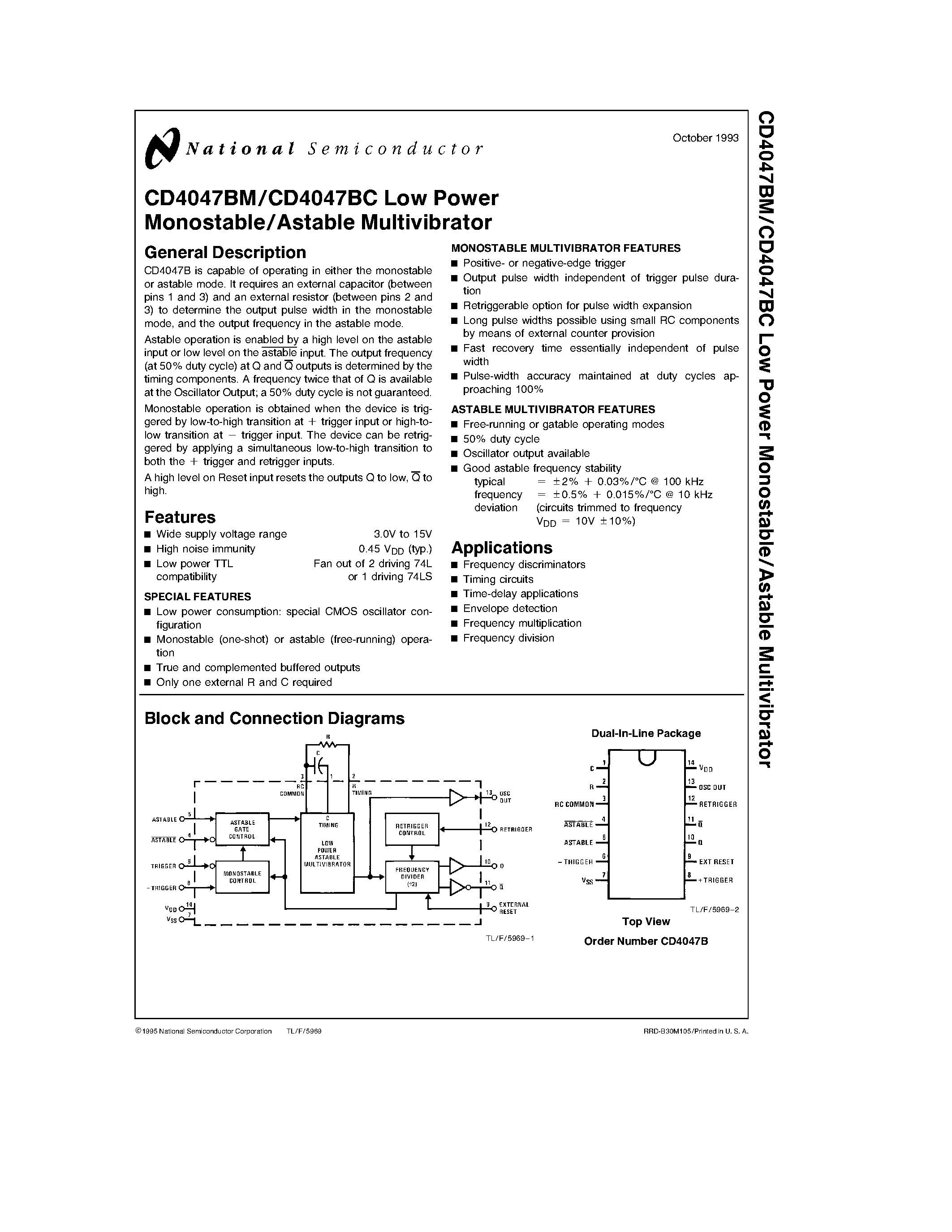 Datasheet CD4047 - Low Power Monostable/Astable Multivibrator page 1