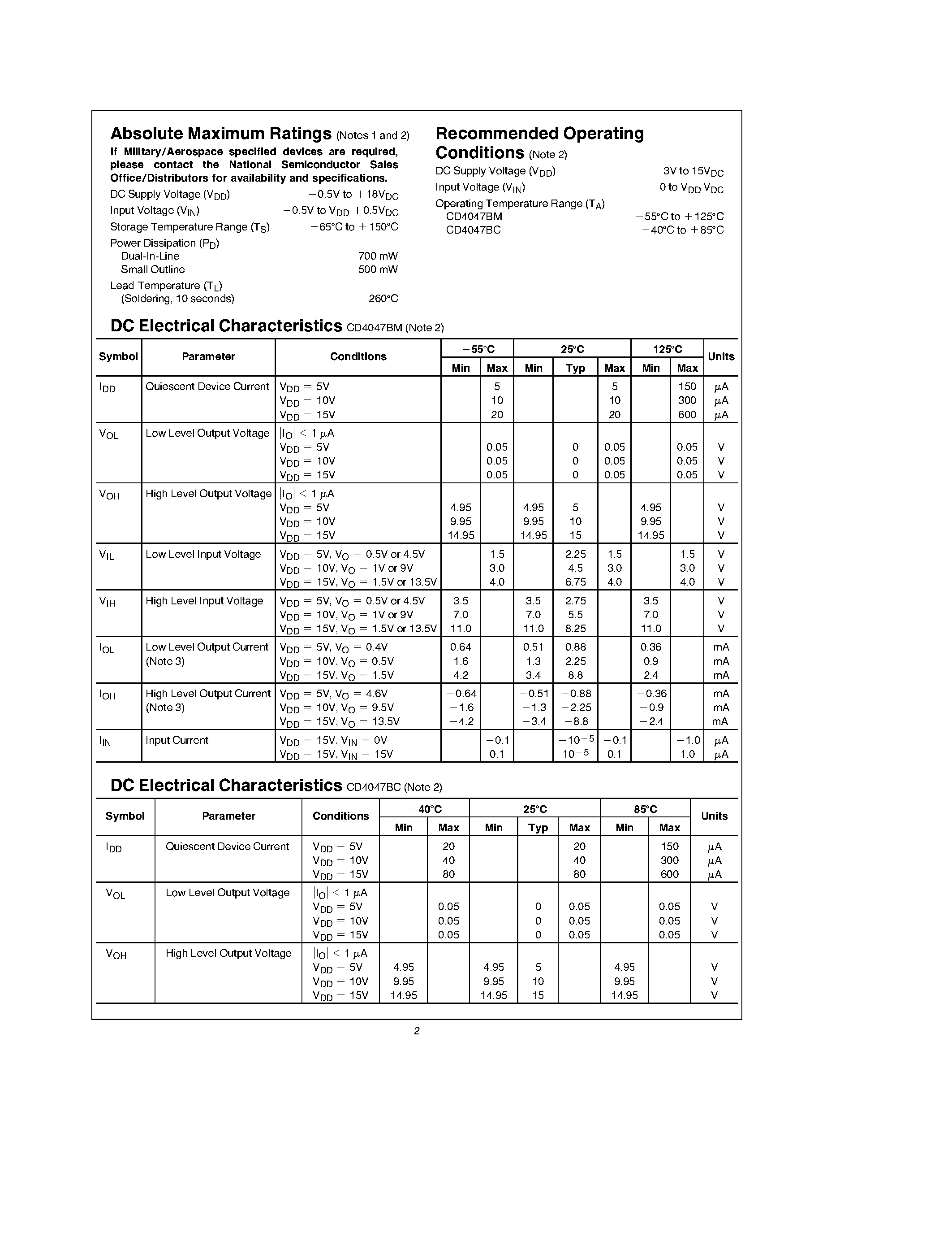 Datasheet CD4047 - Low Power Monostable/Astable Multivibrator page 2