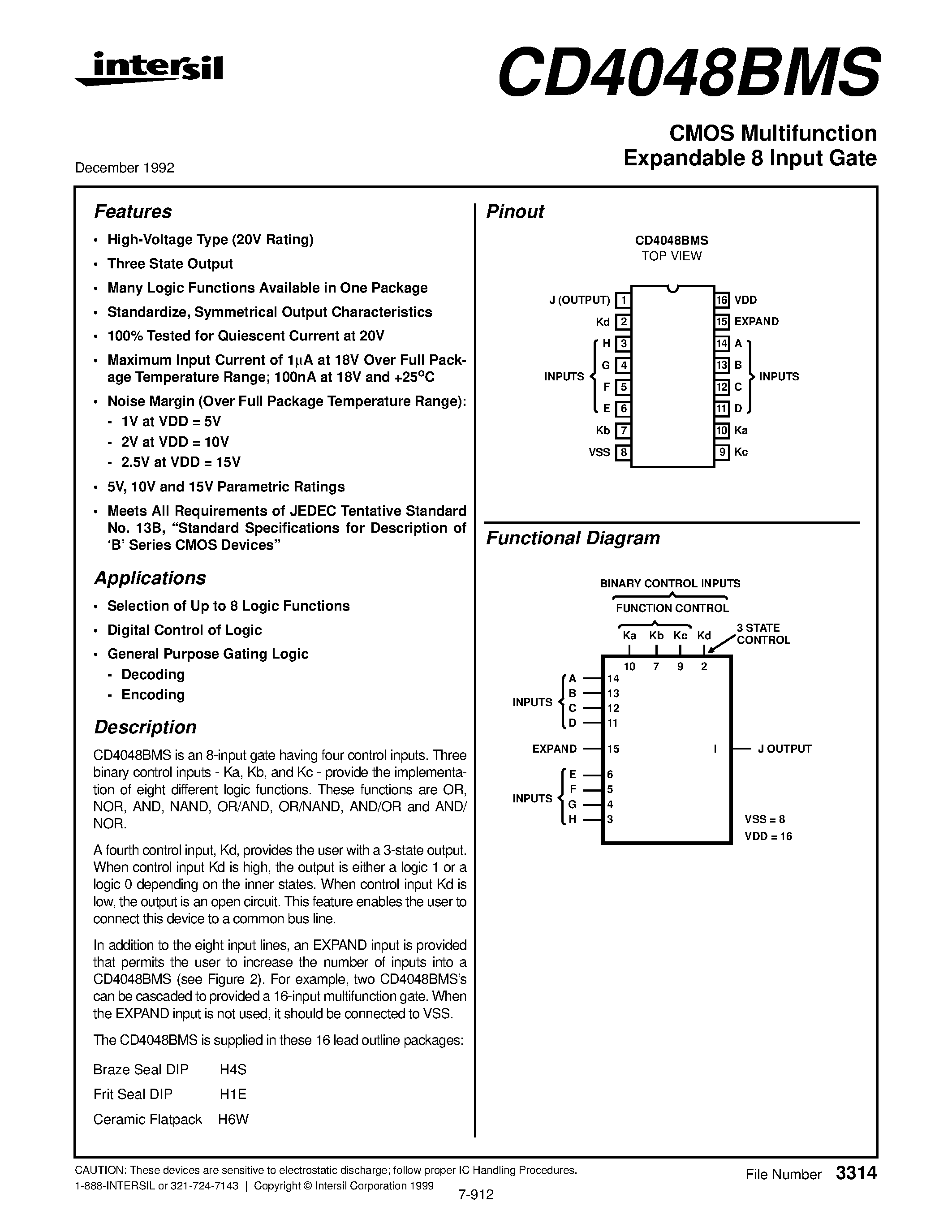 Datasheet CD4048BMS - CMOS Multifunction Expandable 8 Input Gate page 1