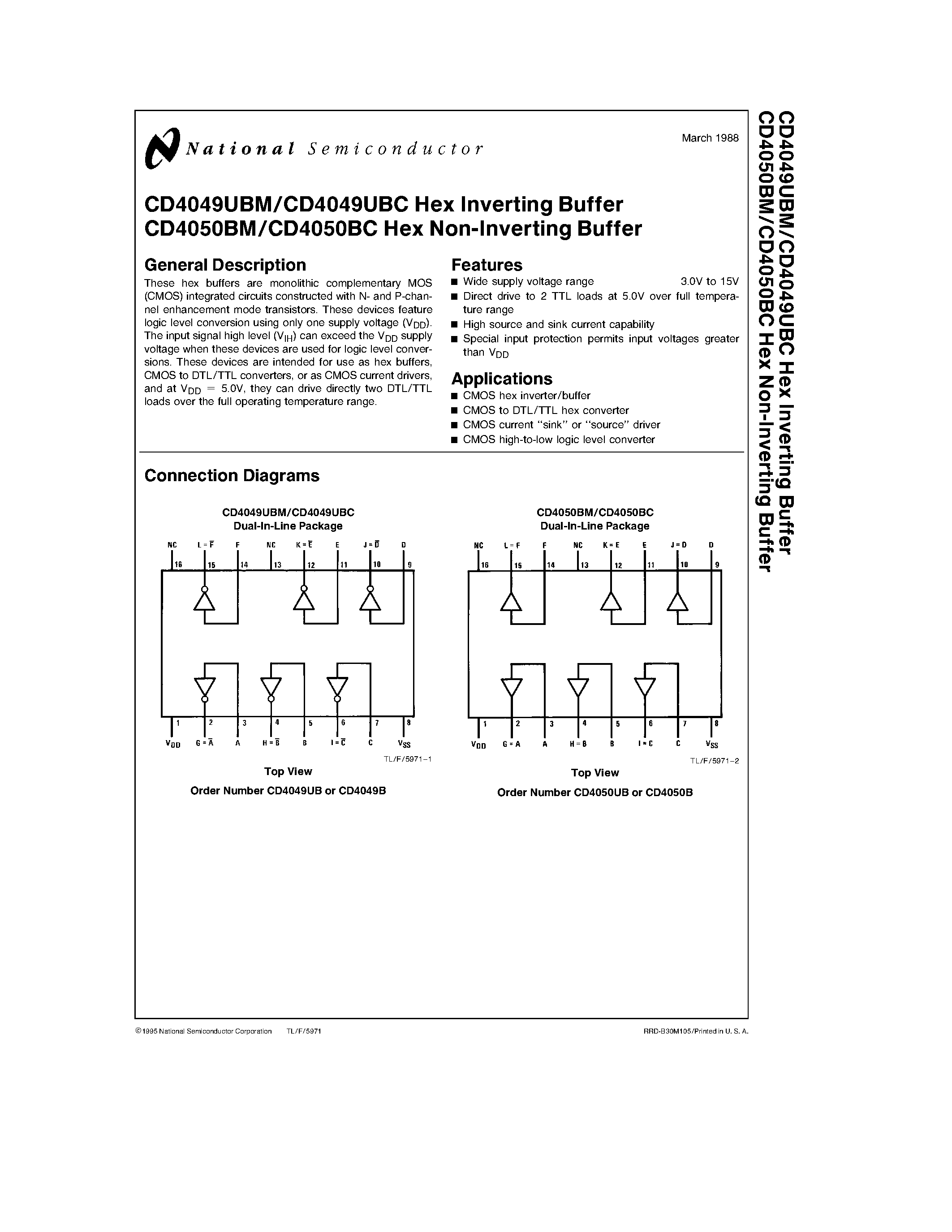 Datasheet CD4049 - Hex Inverting/Non-Inverting Buffer page 1