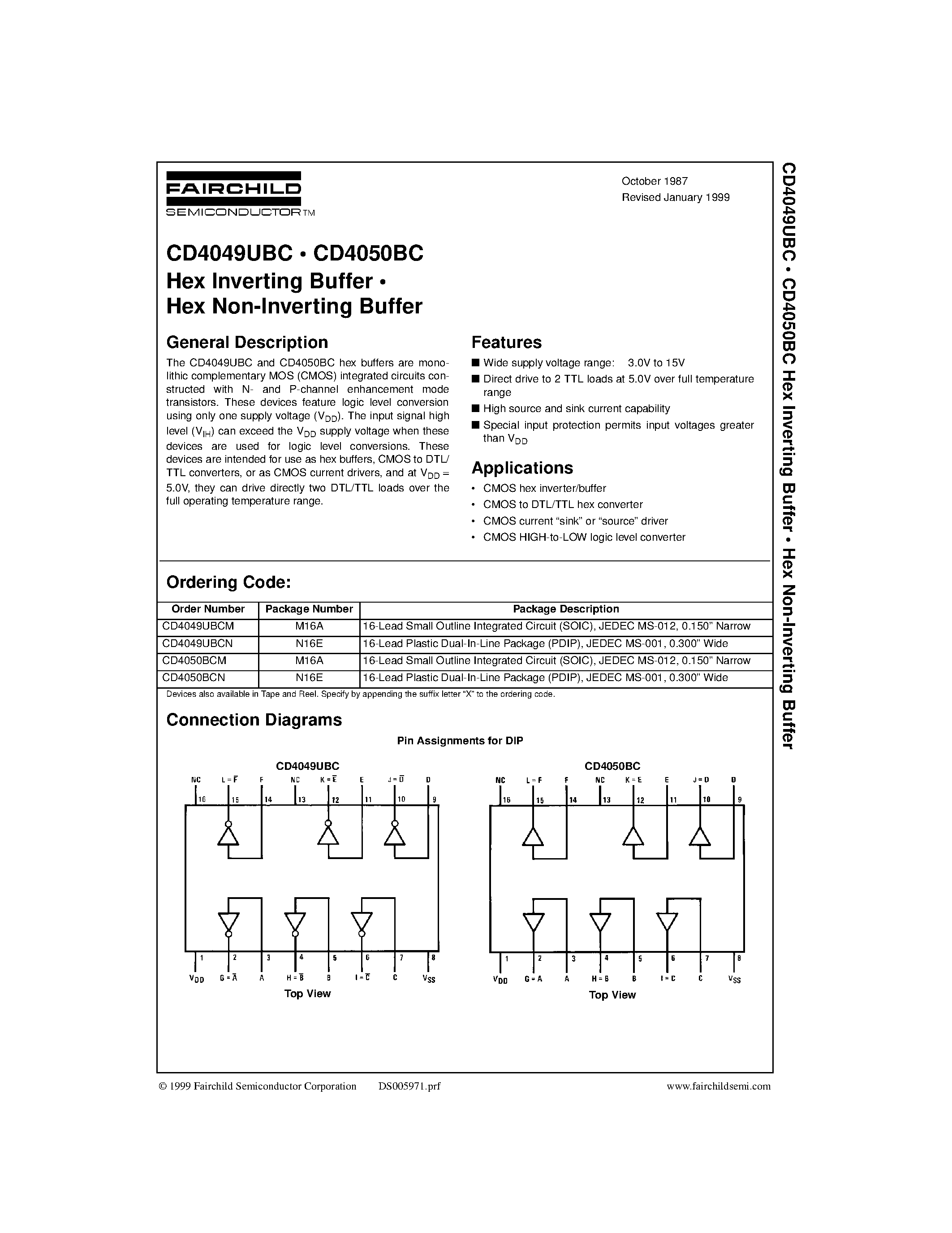 Datasheet CD4049UBC - Hex Inverting Buffer . Hex Non-Inverting Buffer page 1