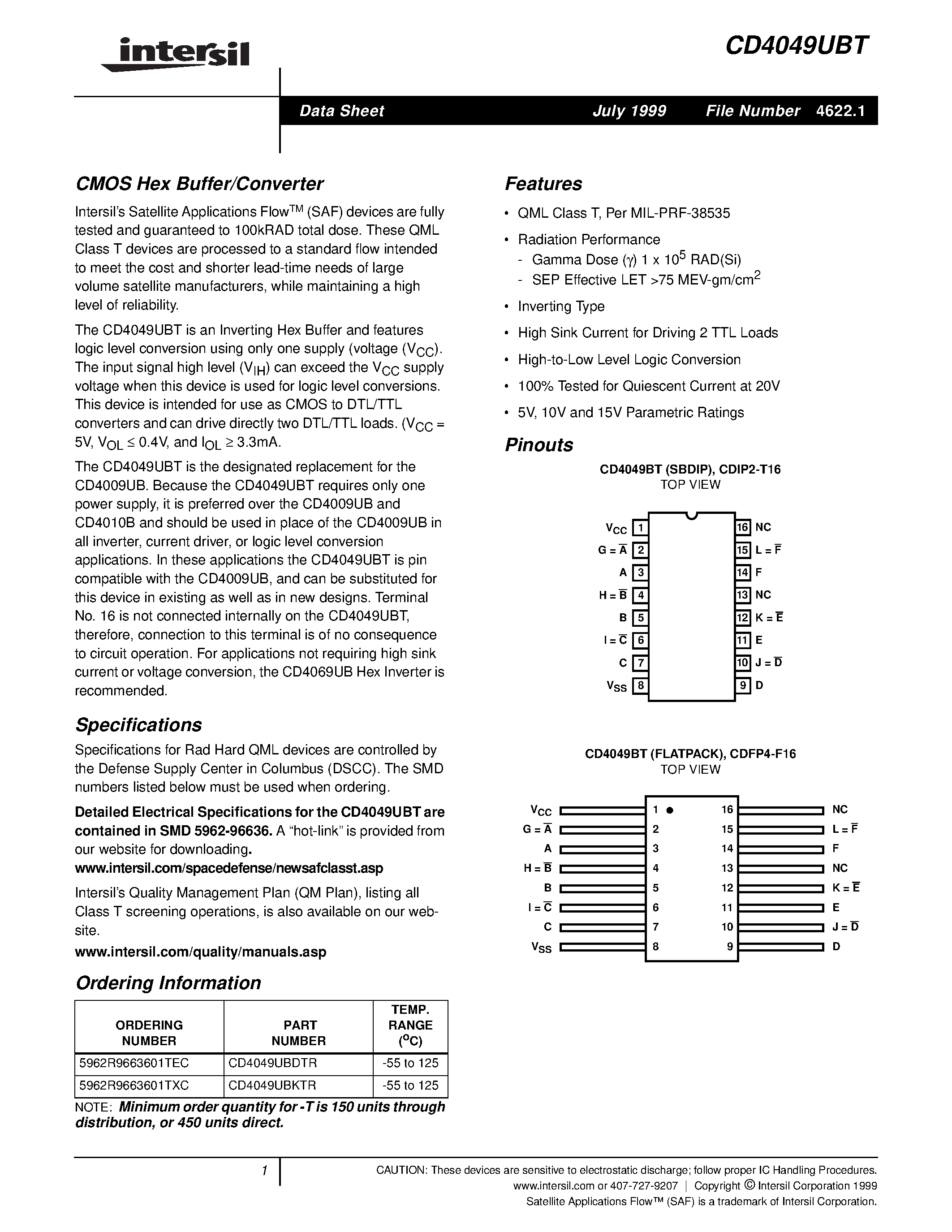 Datasheet CD4049UBDTR - CMOS Hex Buffer/Converter page 1