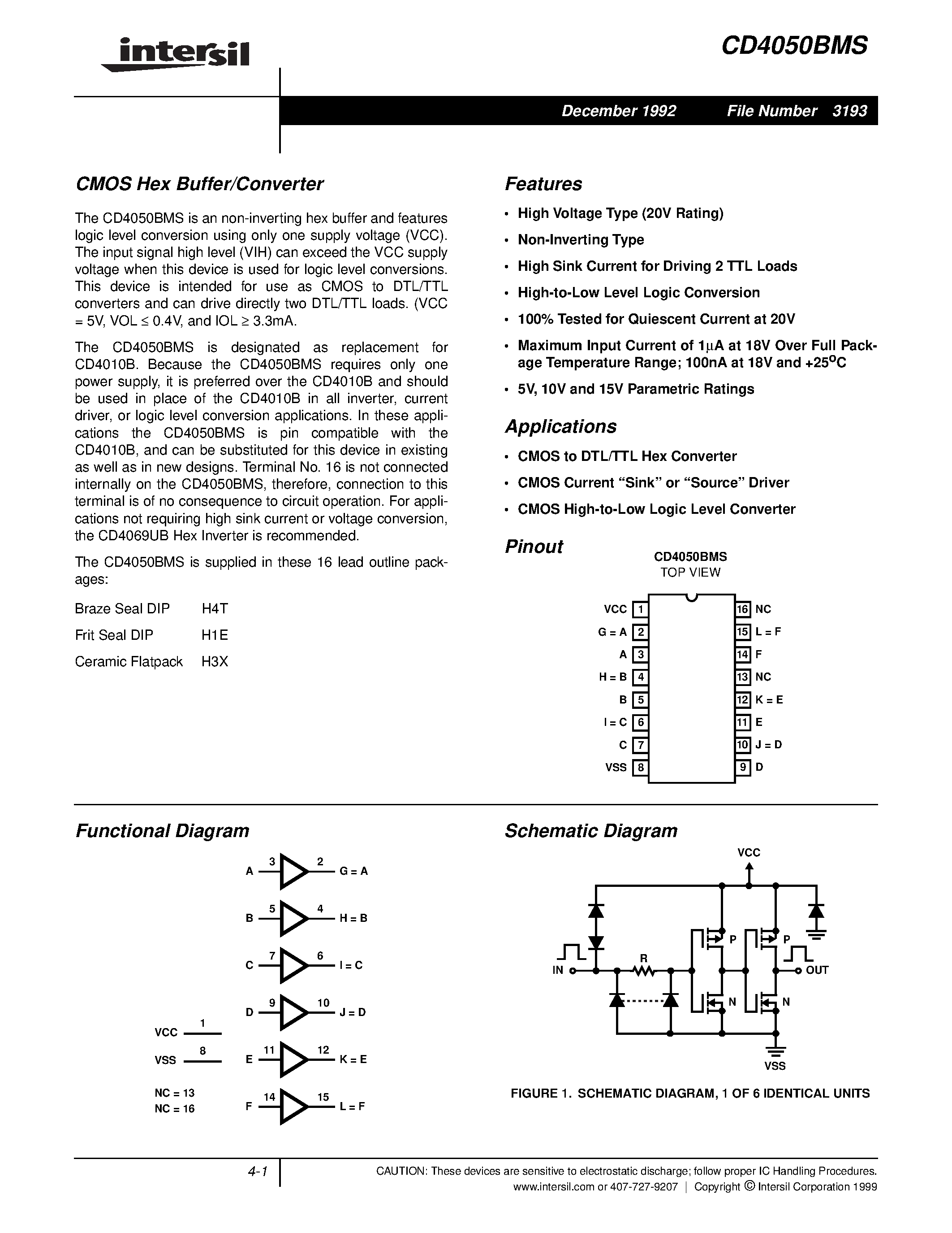 Datasheet CD4050BMS - CMOS Hex Buffer/Converter page 1