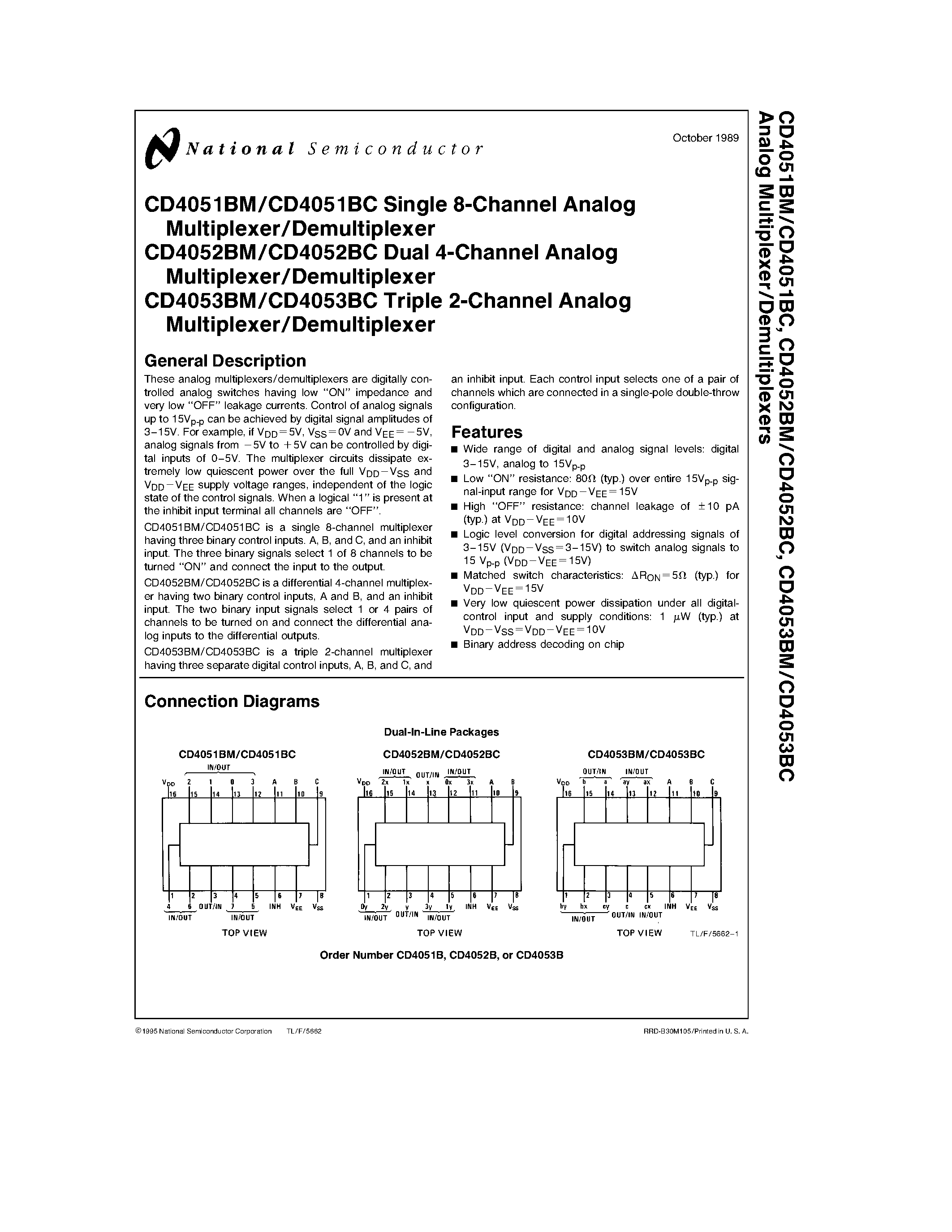 Datasheet CD4051 - Single 8-Channel/ Dual 4-Channel/ Triple 2-Channel Analog Multiplexer/Demultiplexe page 1