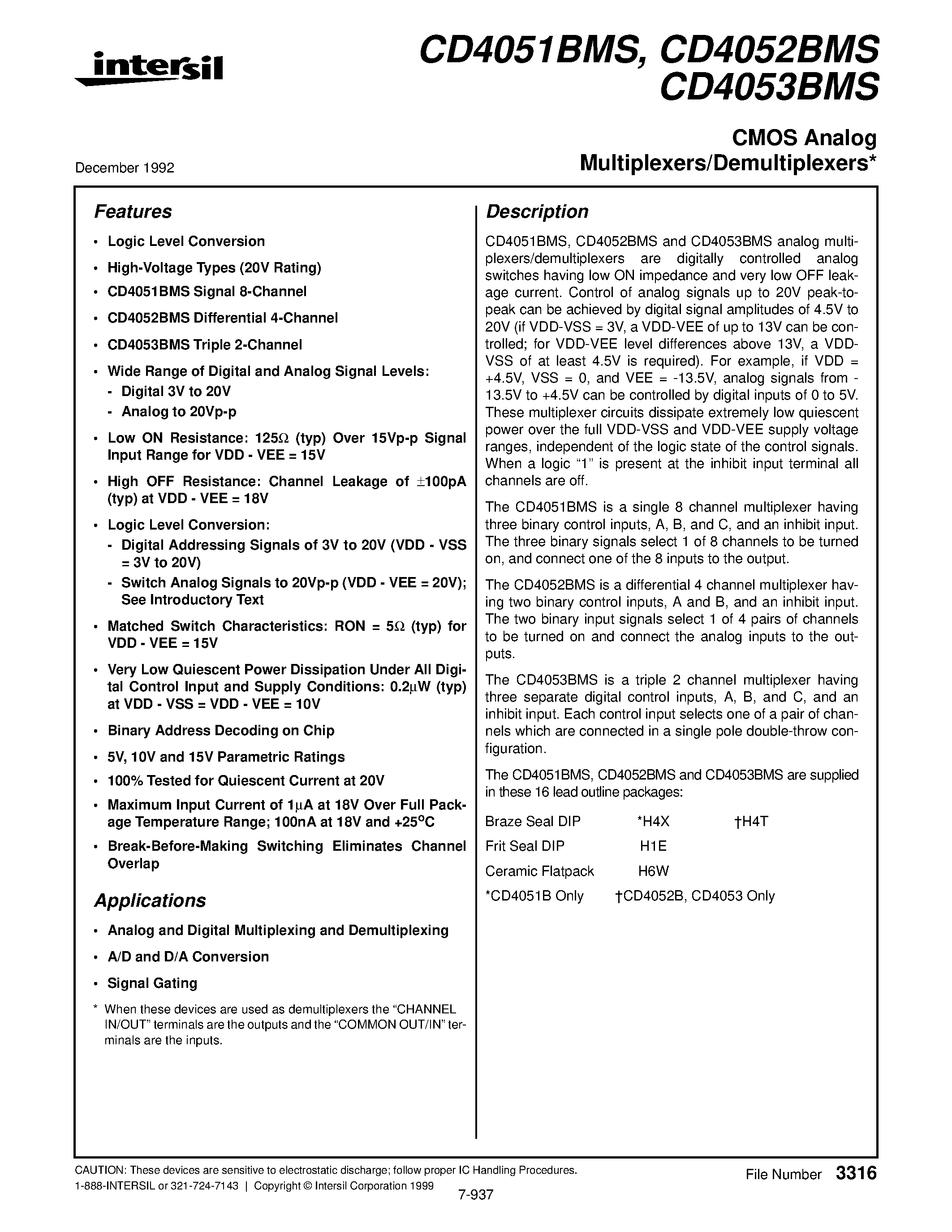 Datasheet CD4051 - CMOS Analog Multiplexers/Demultiplexers page 1