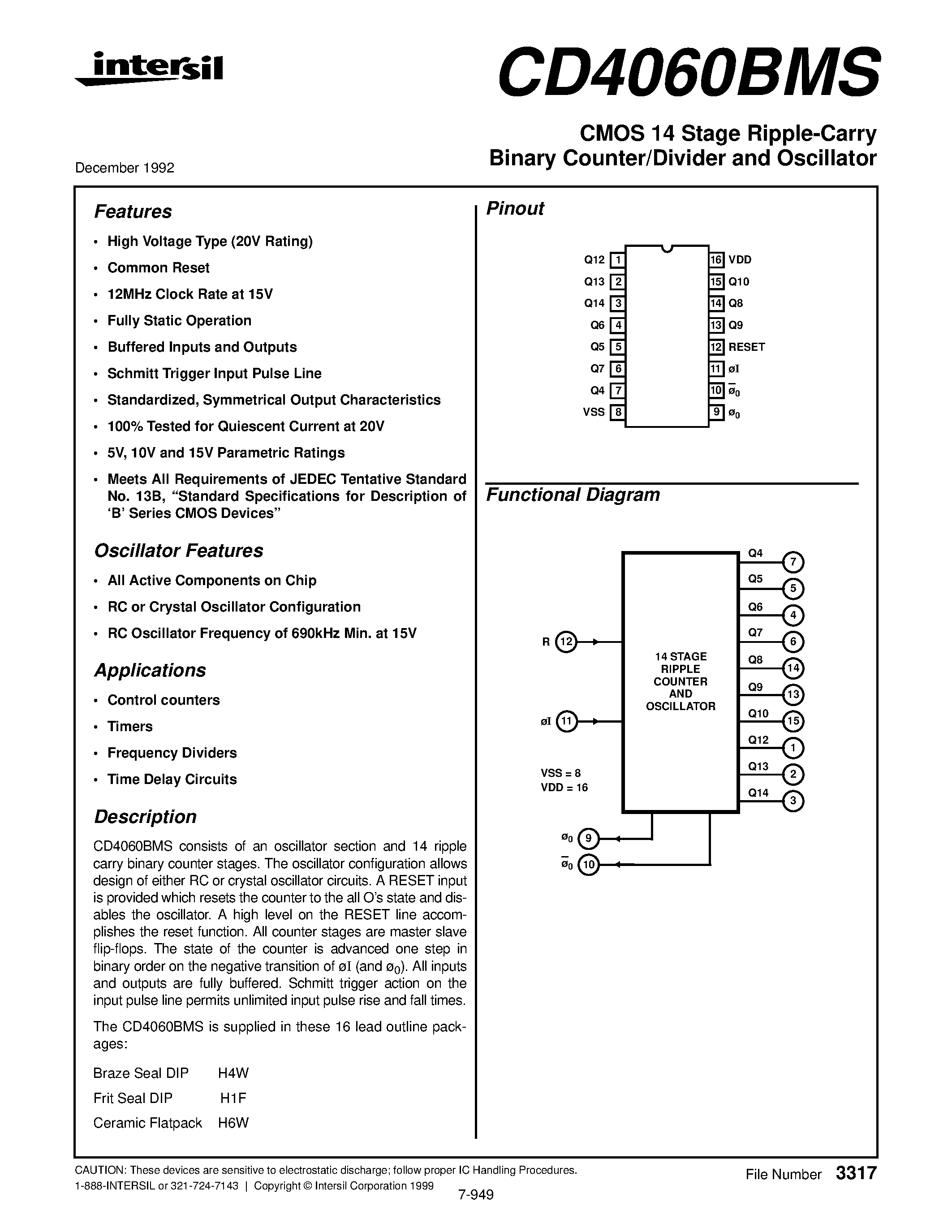 Datasheet CD4060BMS - CMOS 14 Stage Ripple-Carry Binary Counter/Divider and Oscillator page 1