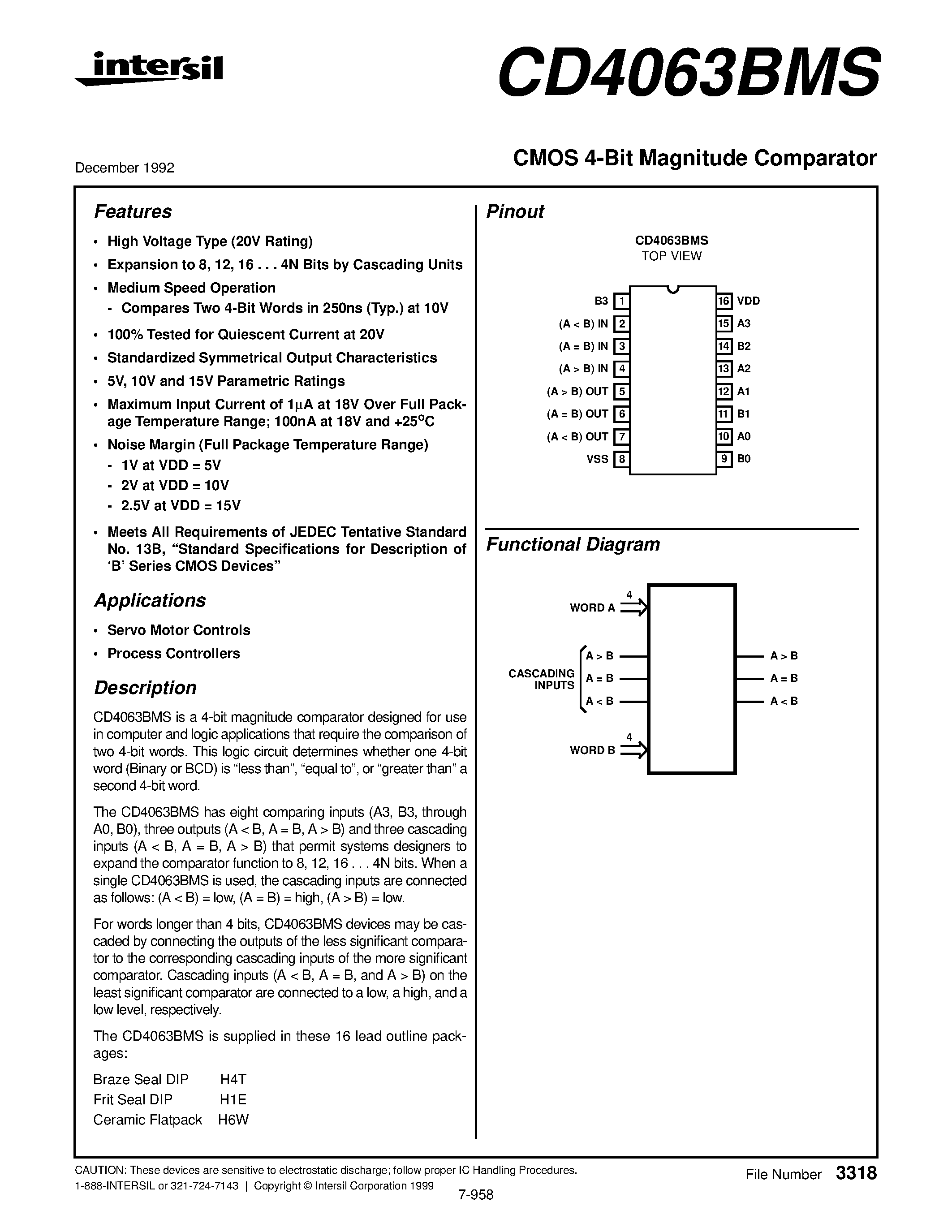 Datasheet CD4063BMS - CMOS 4-Bit Magnitude Comparator page 1