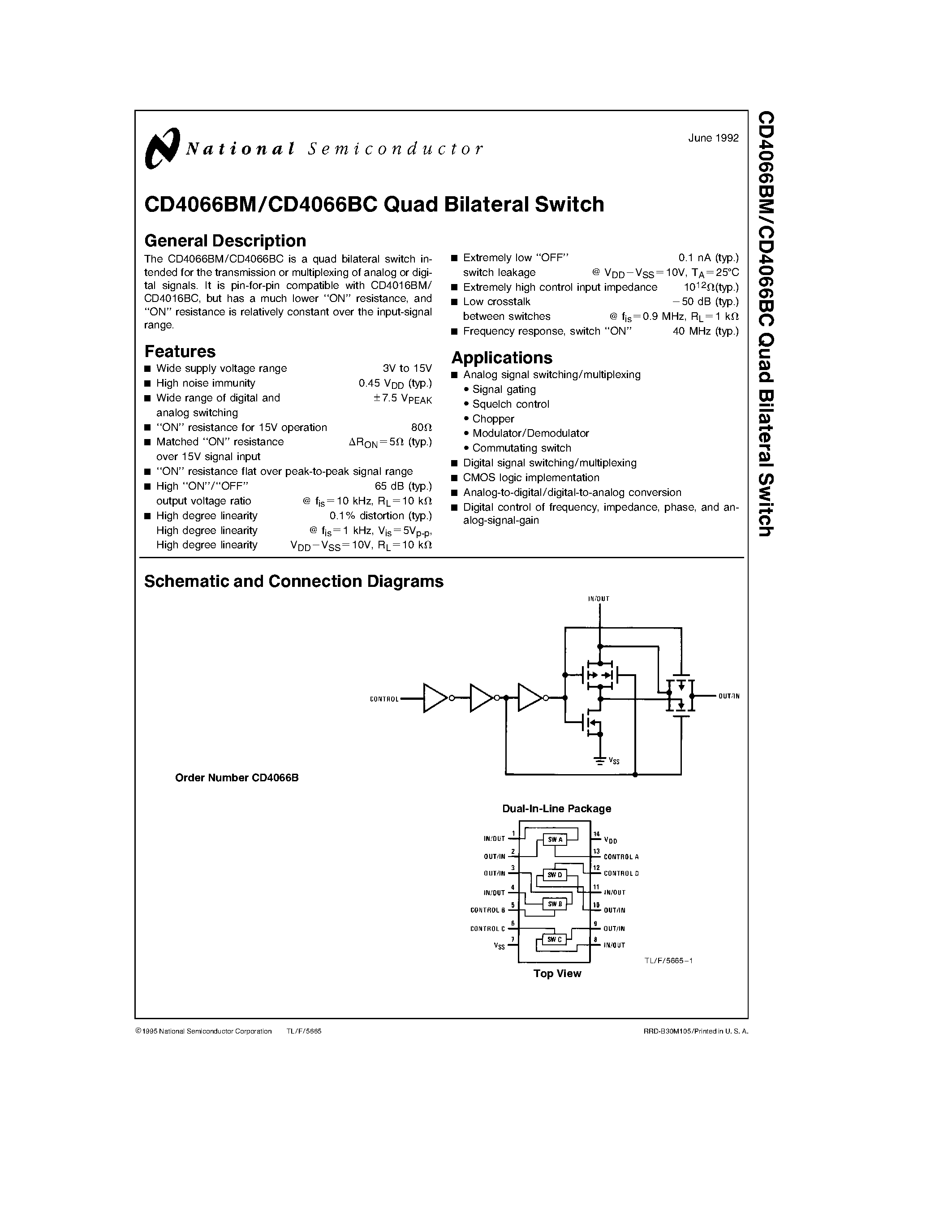 Datasheet CD4066BCM - Quad Bilateral Switch page 1