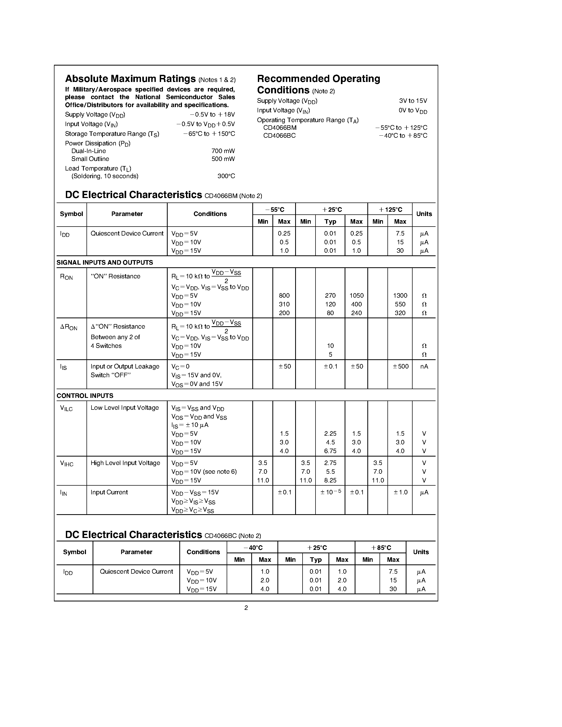 Datasheet CD4066BCM - Quad Bilateral Switch page 2