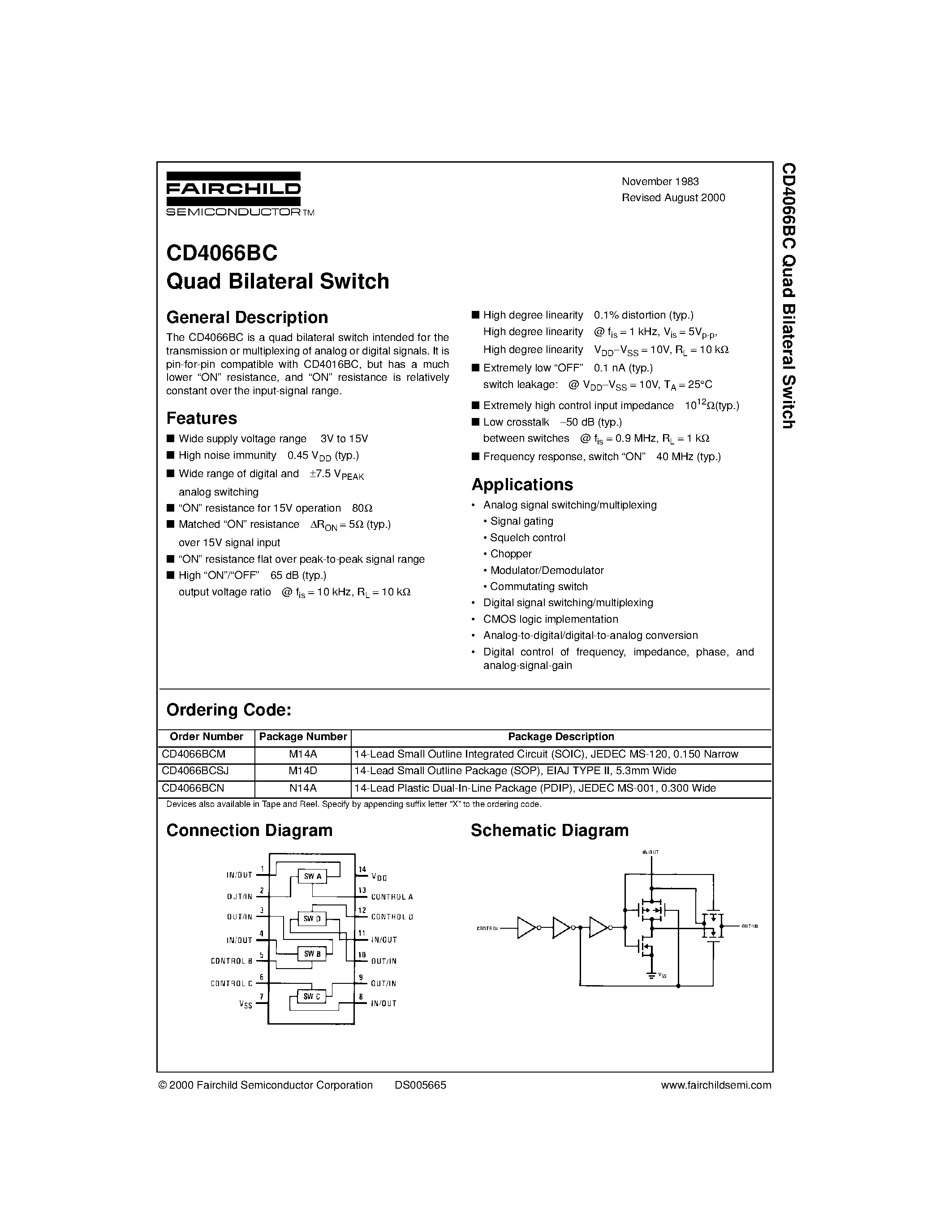 Datasheet CD4066BCSJ - Quad Bilateral Switch page 1