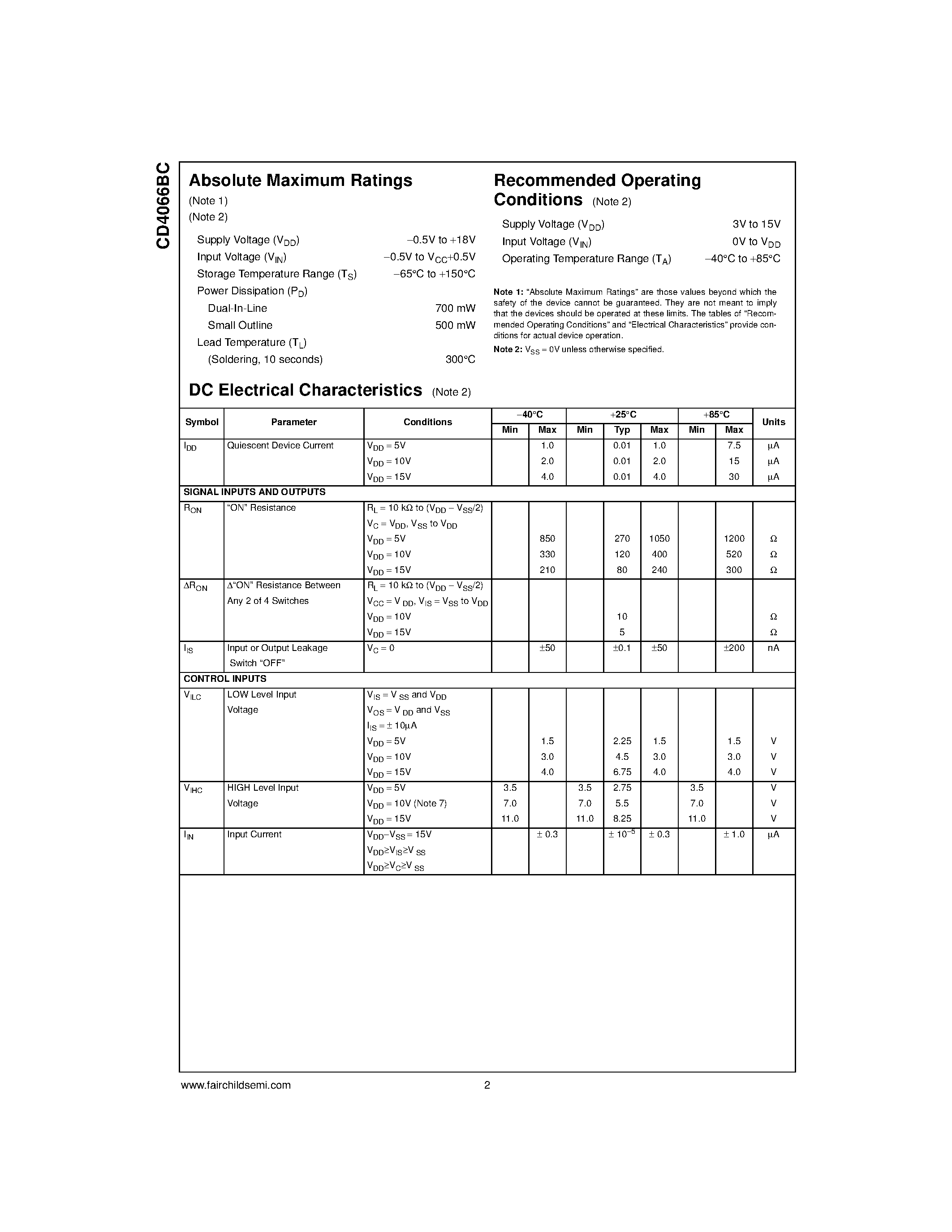 Datasheet CD4066BCSJ - Quad Bilateral Switch page 2