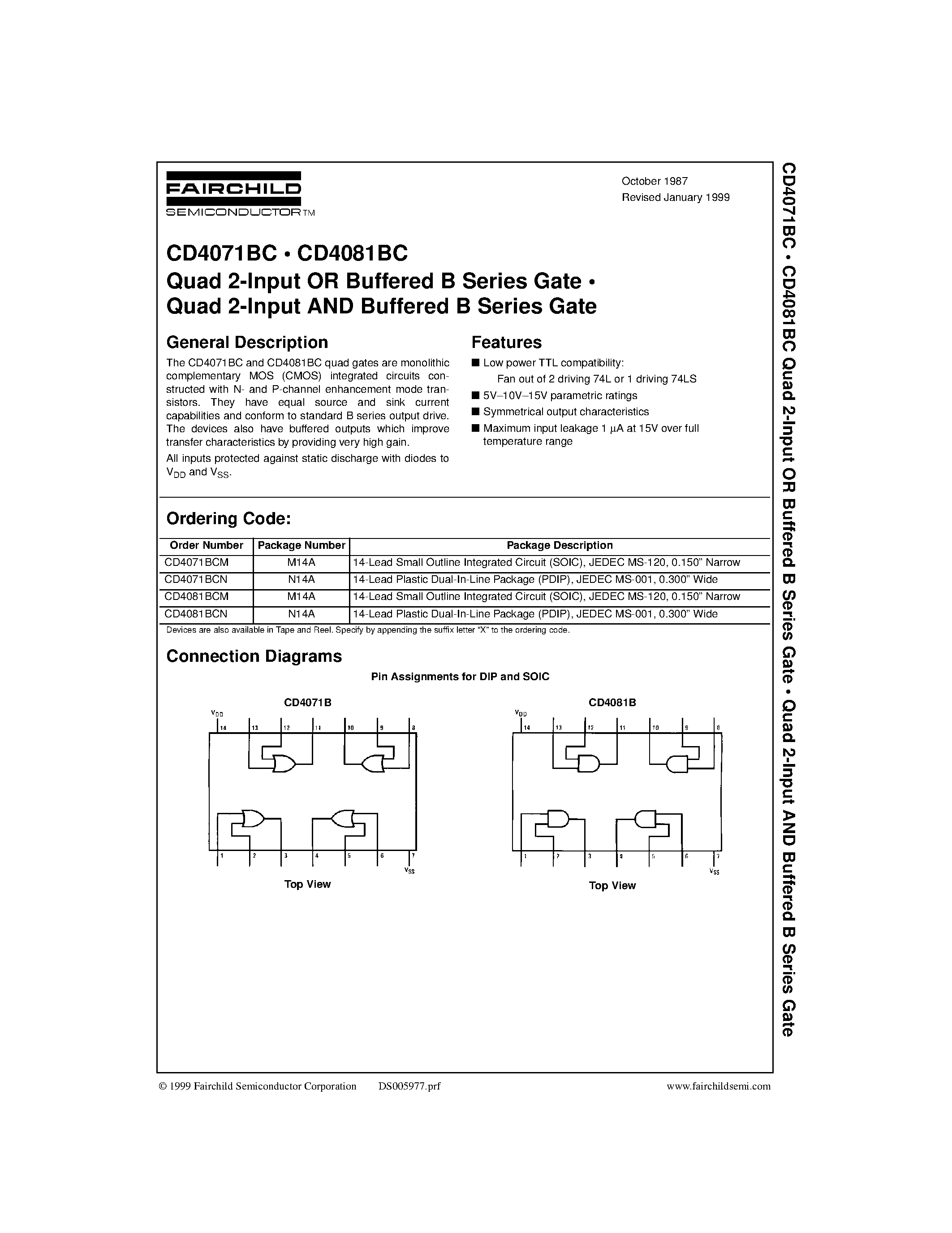 Datasheet CD4071 - Quad 2-Input OR Buffered B Series Gate . Quad 2-Input AND Buffered B Series Gate page 1