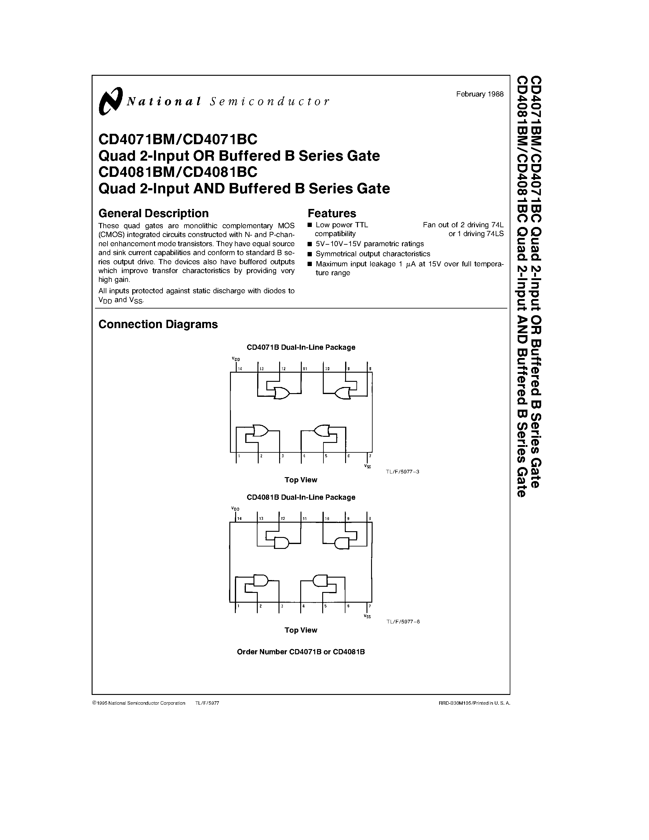 Datasheet CD4071 - Quad 2-Input OR Buffered B Series Gate page 1