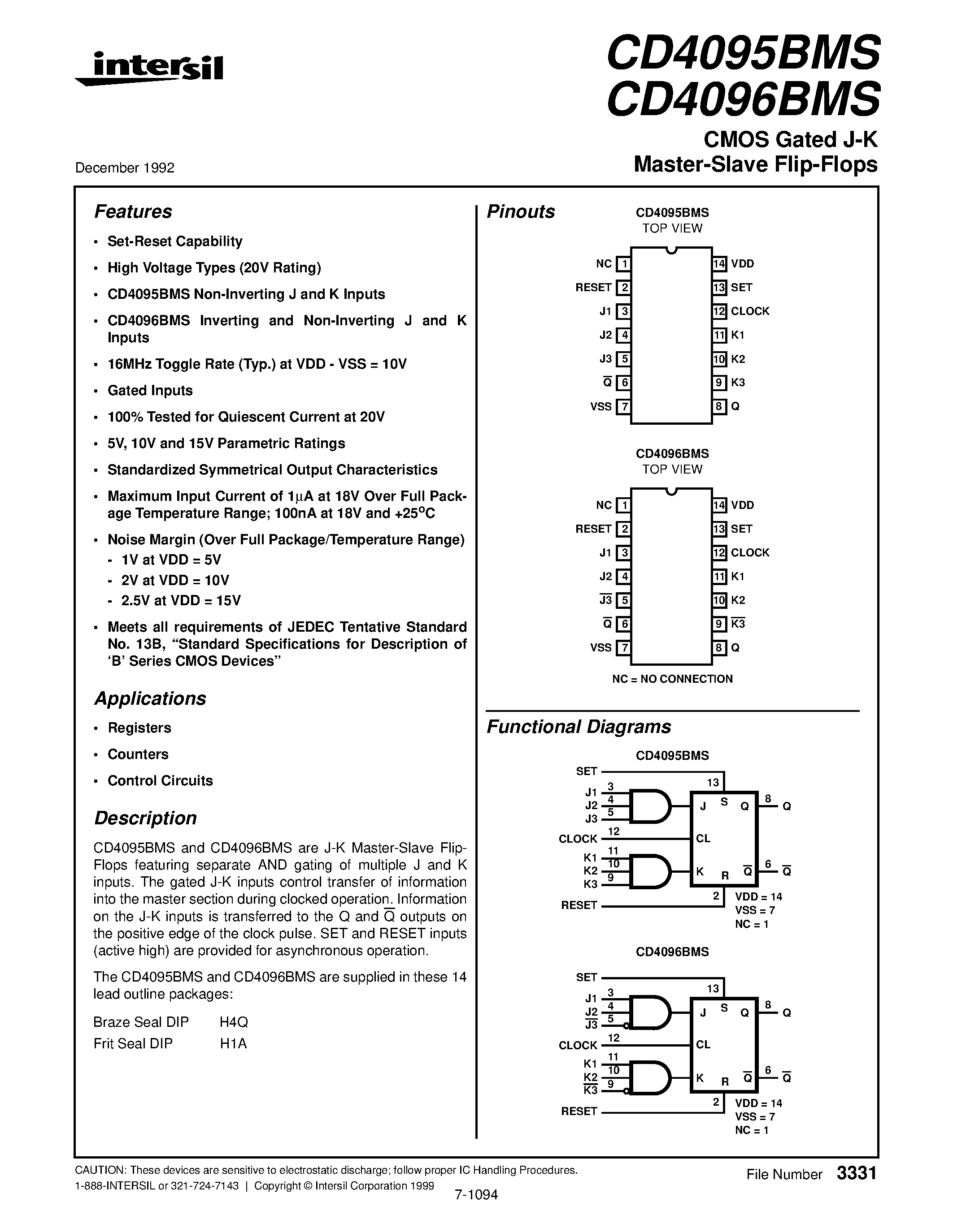 Даташит CD4095BMS - CMOS Gated J-K Master-Slave Flip-Flops страница 1