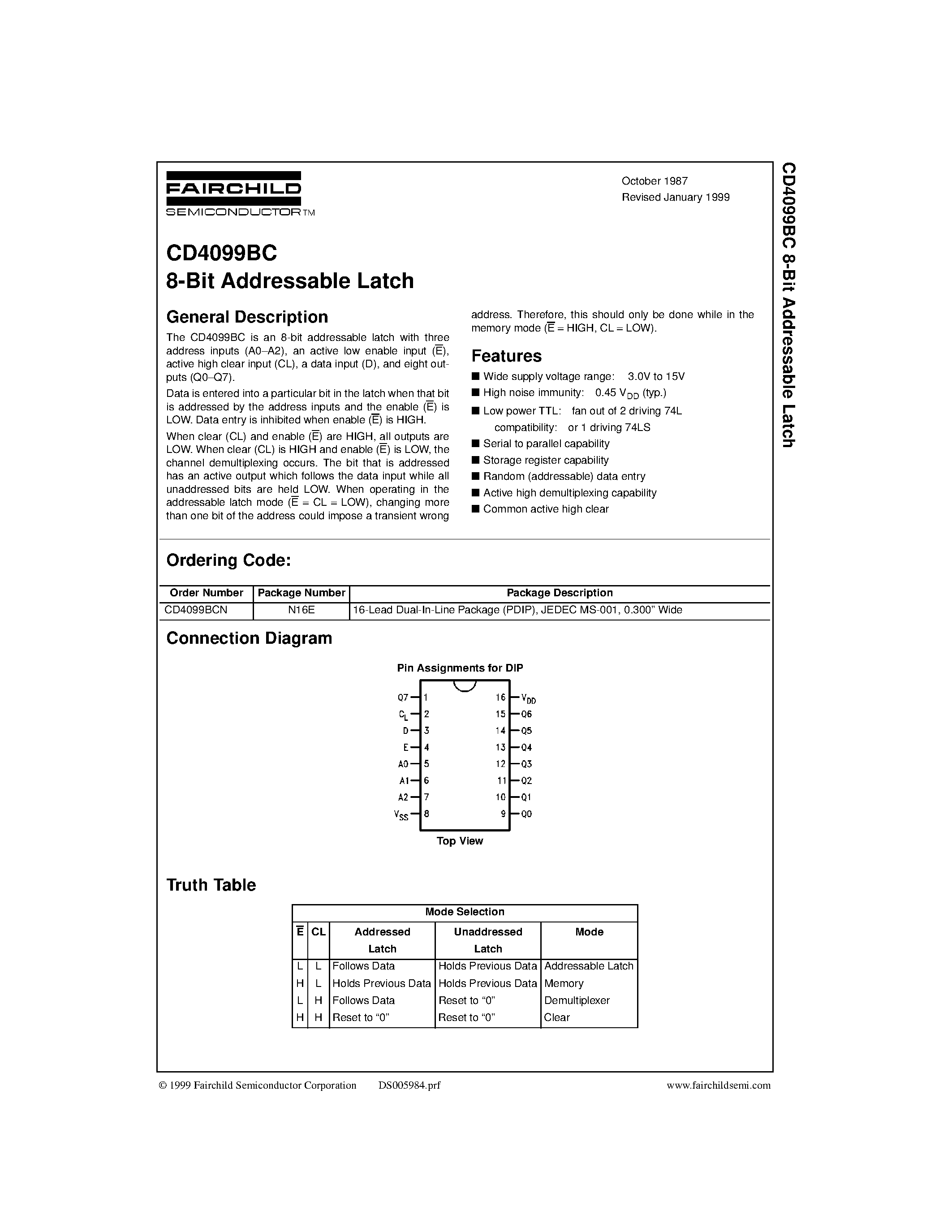 Datasheet CD4099BC - 8-Bit Addressable Latch page 1