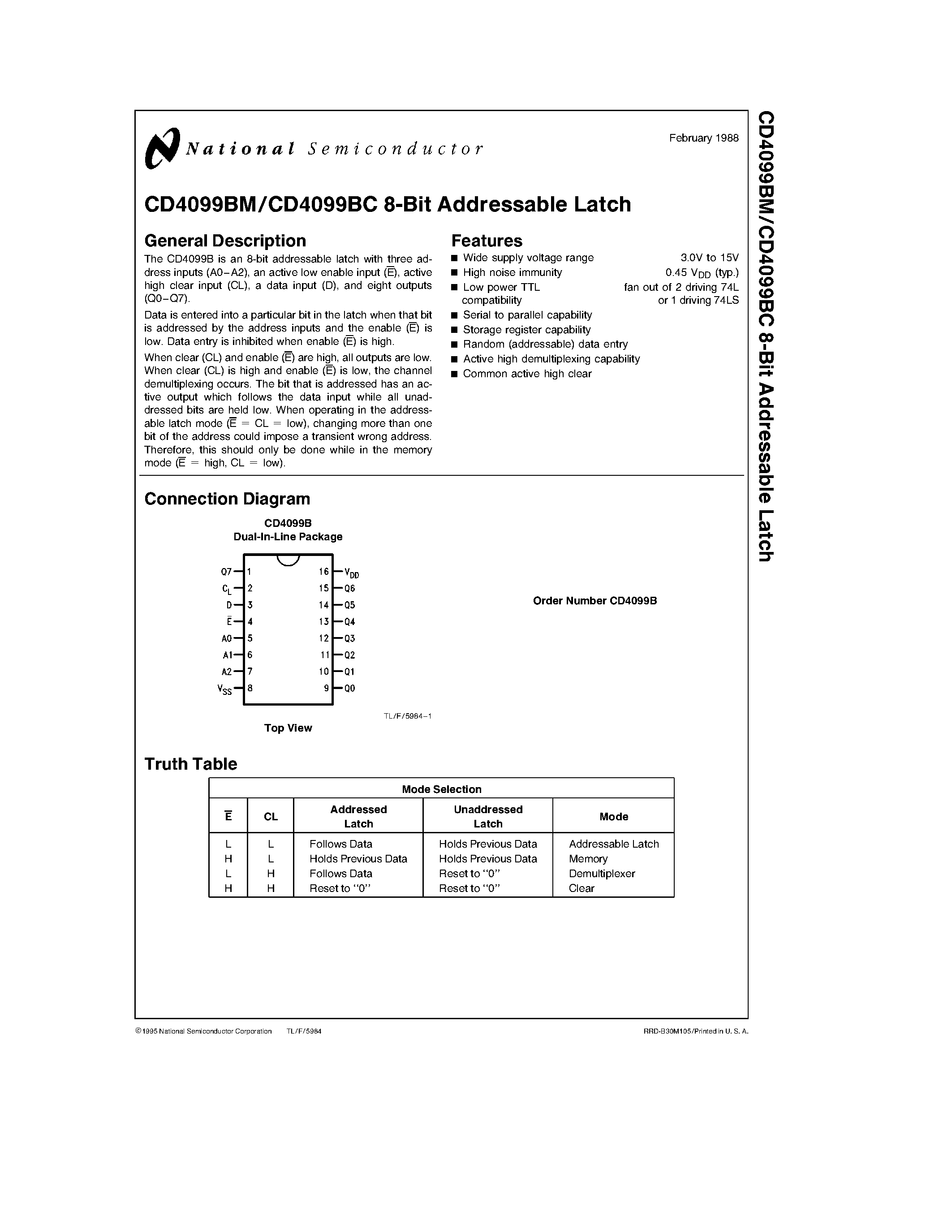 Datasheet CD4099BC - 8-Bit Addressable Latch page 1