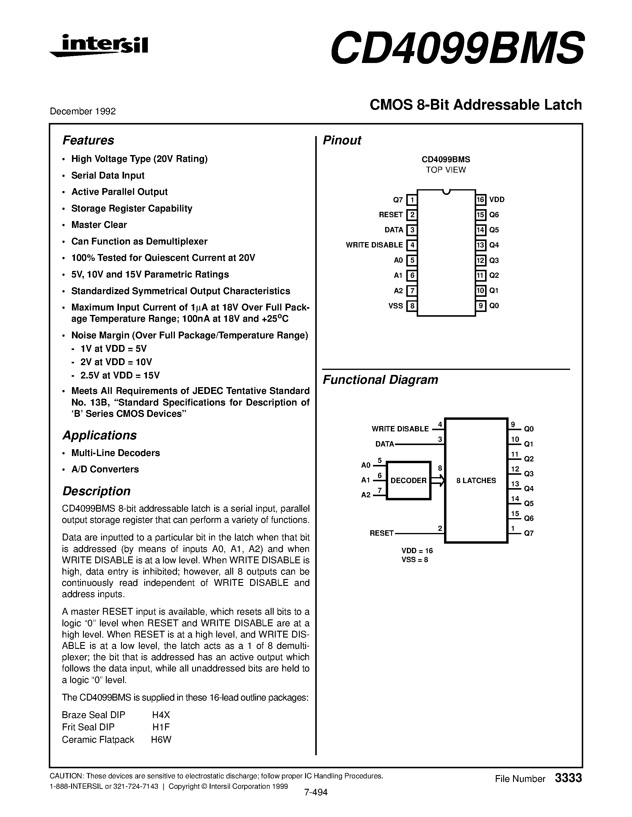 Datasheet CD4099BMS - CMOS 8-Bit Addressable Latch page 1