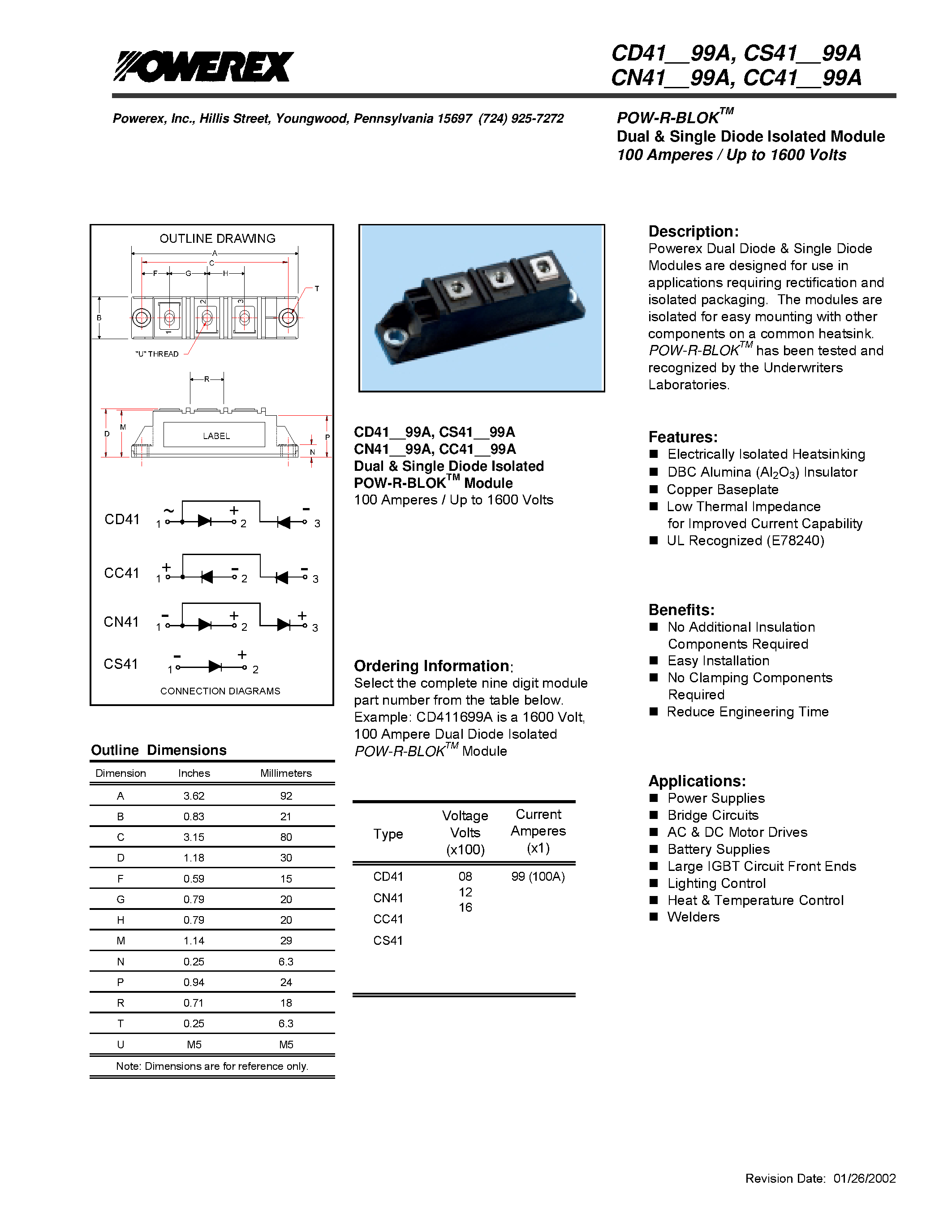 Datasheet CD41 - POW-R-BLOK Dual & Single Diode Isolated Module 100 Amperes / Up to 1600 Volts page 1