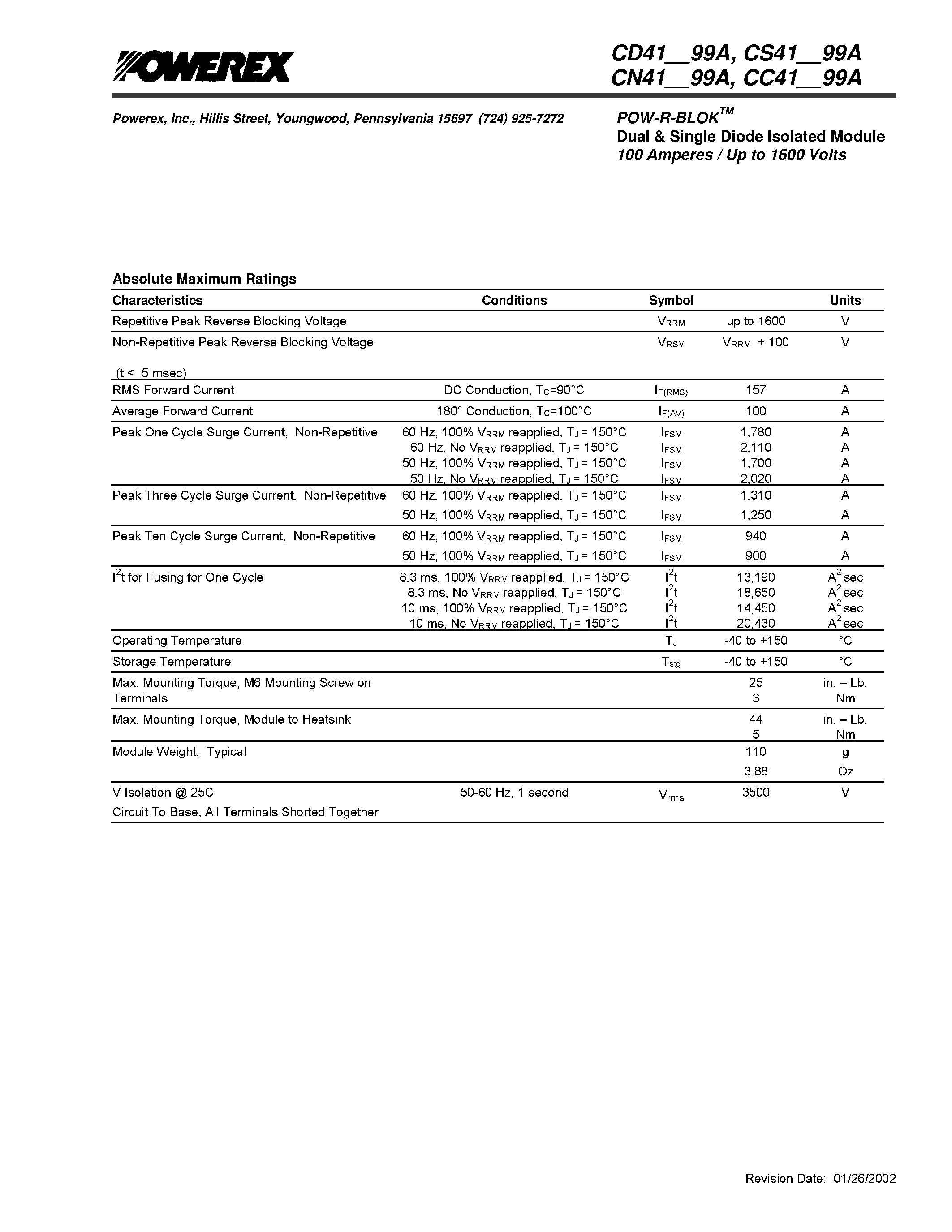 Datasheet CD41 - POW-R-BLOK Dual & Single Diode Isolated Module 100 Amperes / Up to 1600 Volts page 2