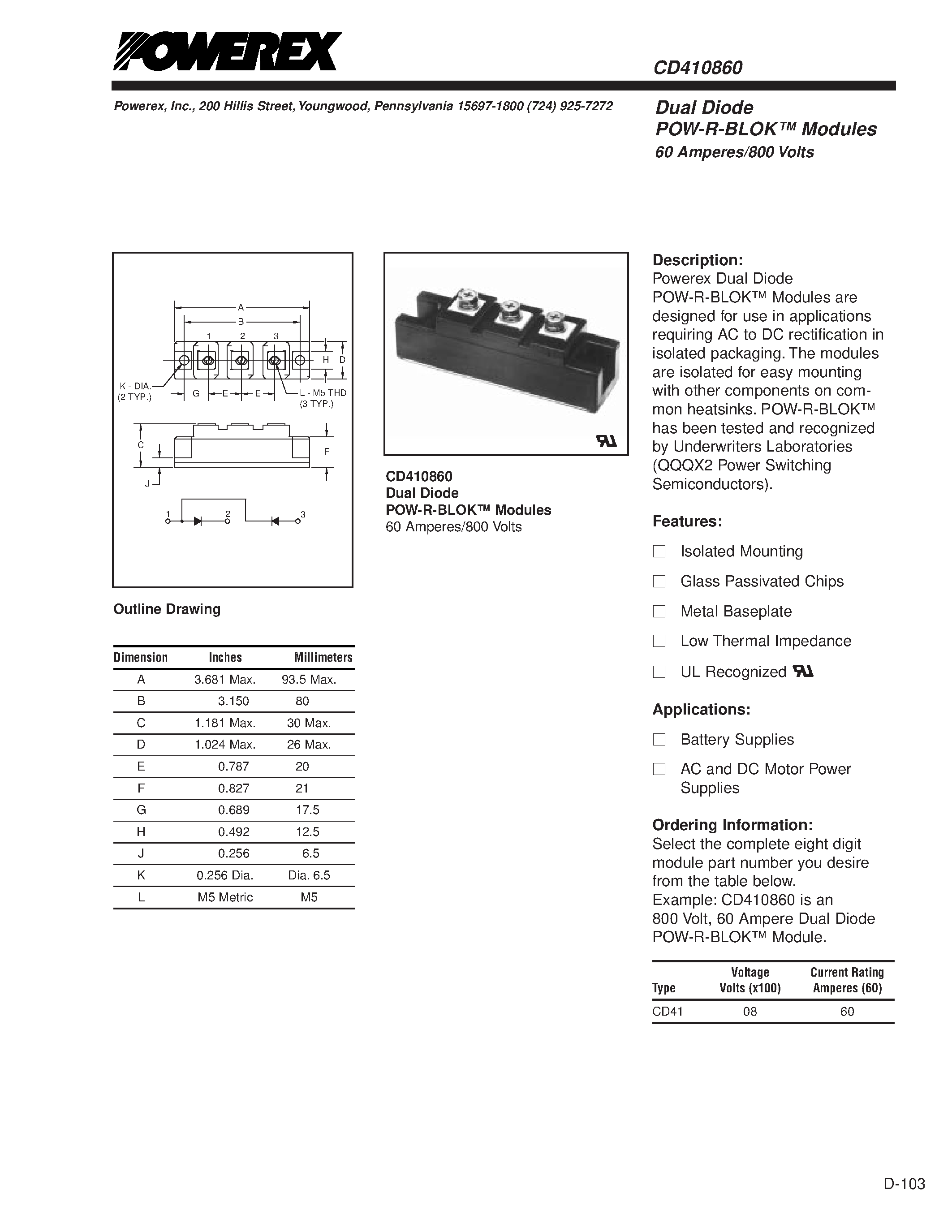 Datasheet CD410860 - Dual Diode POW-R-BLOK Modules 60 Amperes/800 Volts page 1