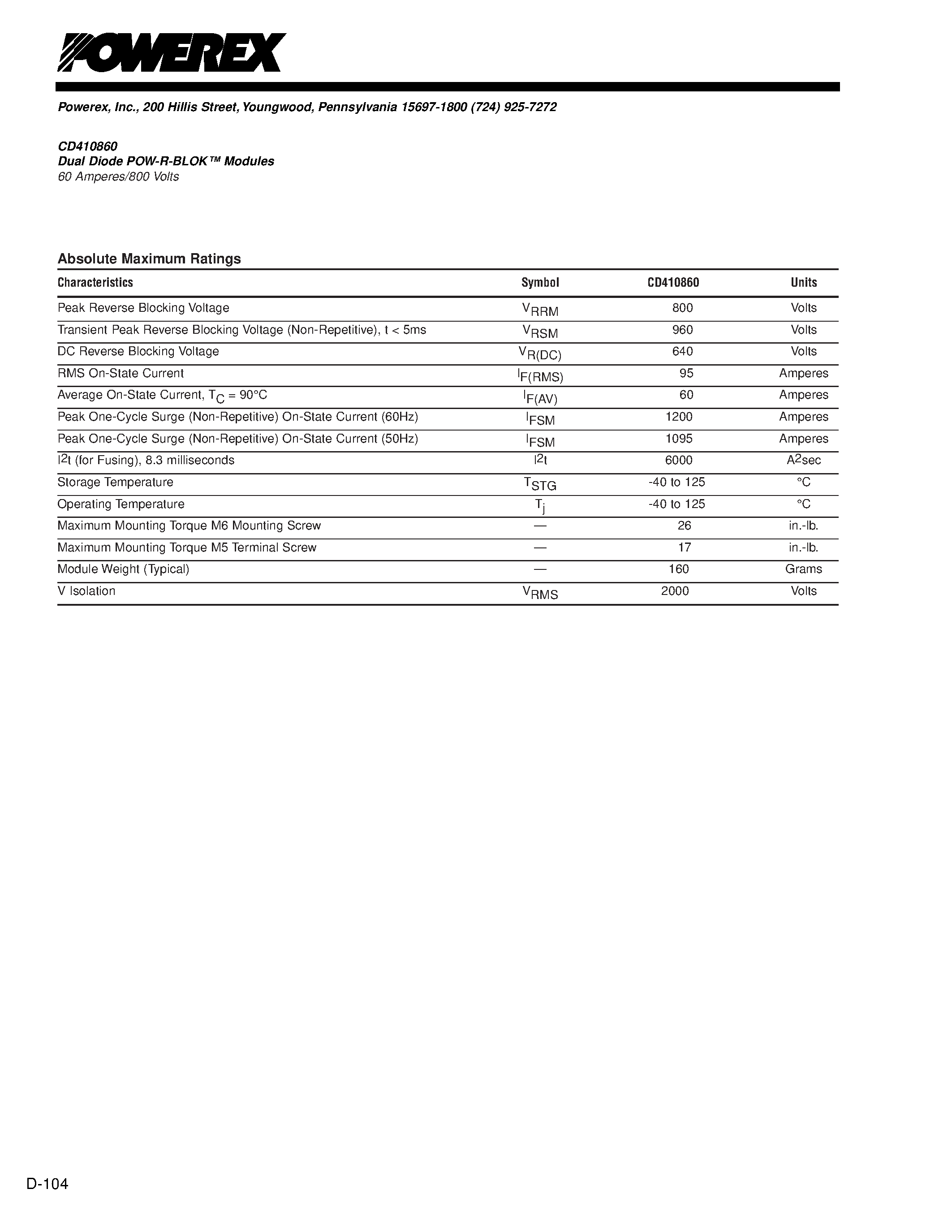 Datasheet CD410860 - Dual Diode POW-R-BLOK Modules 60 Amperes/800 Volts page 2