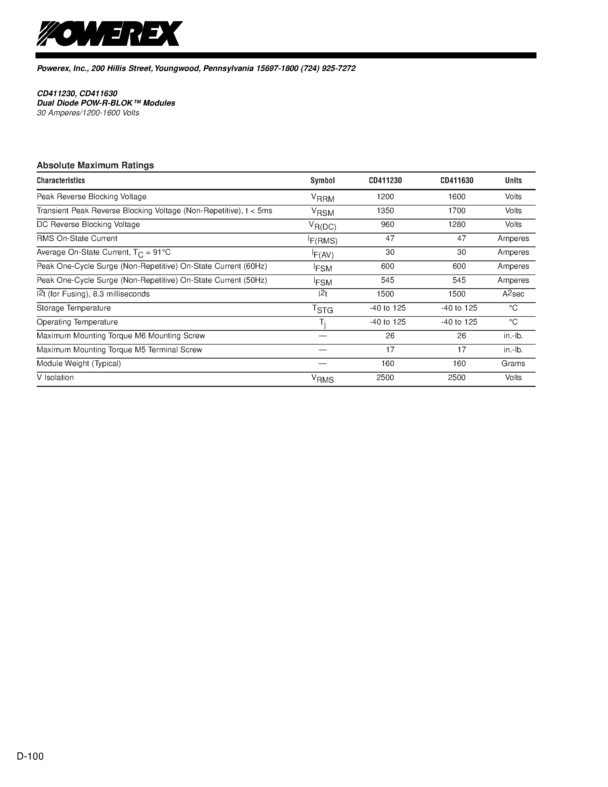 Datasheet CD411230 - Dual Diode POW-R-BLOK Modules(30 Amperes/1200-1600 Volts) page 2