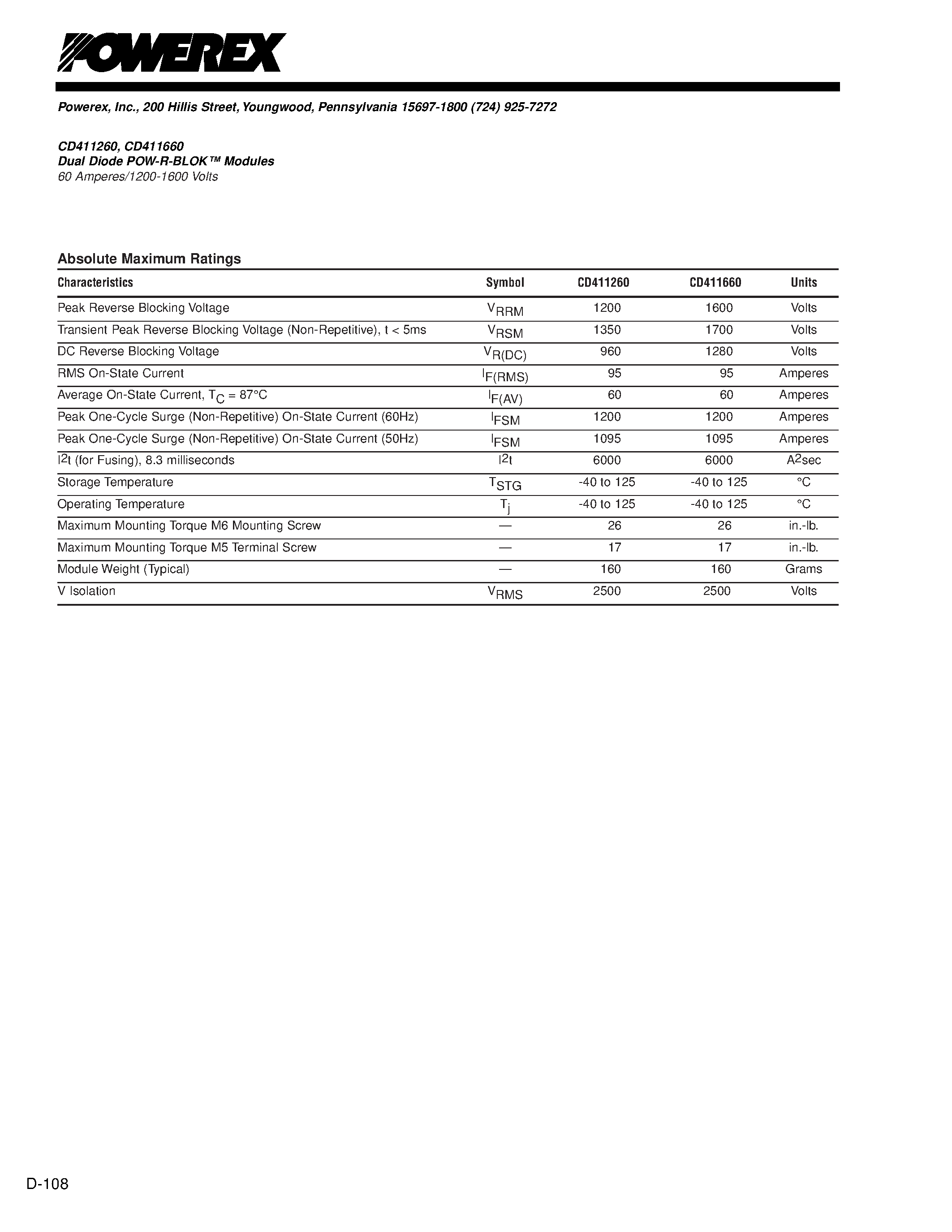 Datasheet CD411260 - Dual Diode POW-R-BLOK Modules 60 Amperes/1200-1600 Volts page 2