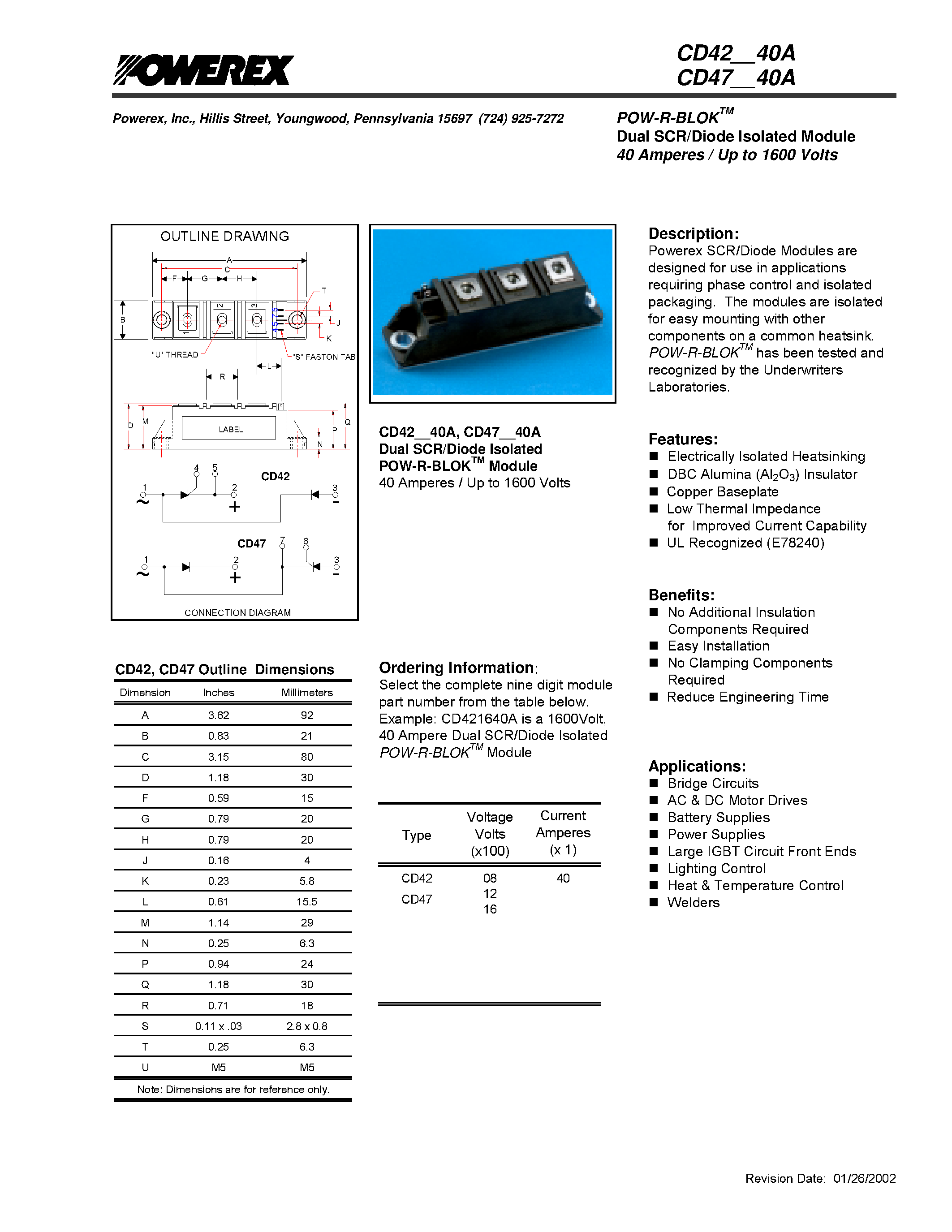 Datasheet CD42 - POW-R-BLOK Dual SCR/Diode Isolated Module 40 Amperes / Up to 1600 Volts page 1