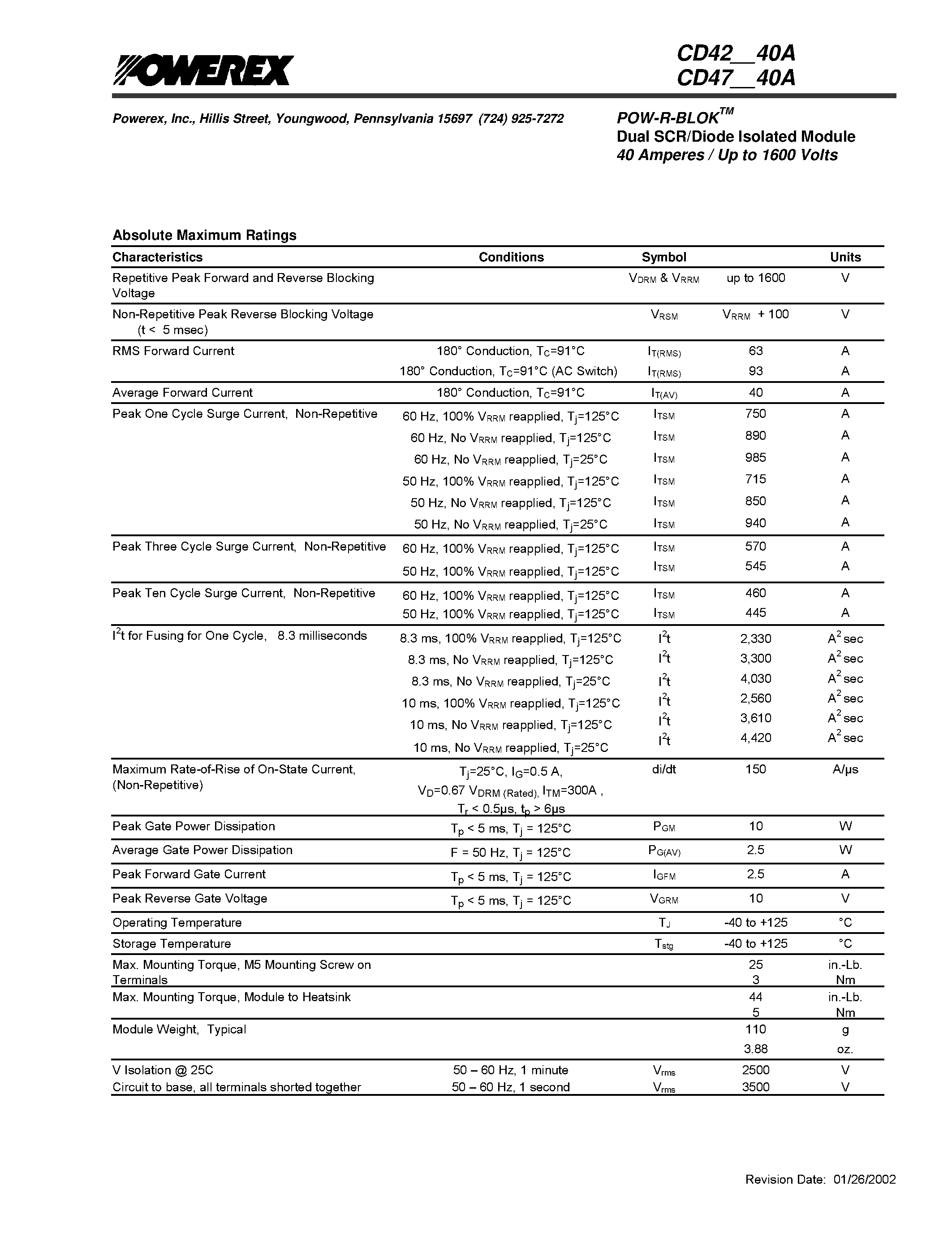 Datasheet CD42 - POW-R-BLOK Dual SCR/Diode Isolated Module 40 Amperes / Up to 1600 Volts page 2